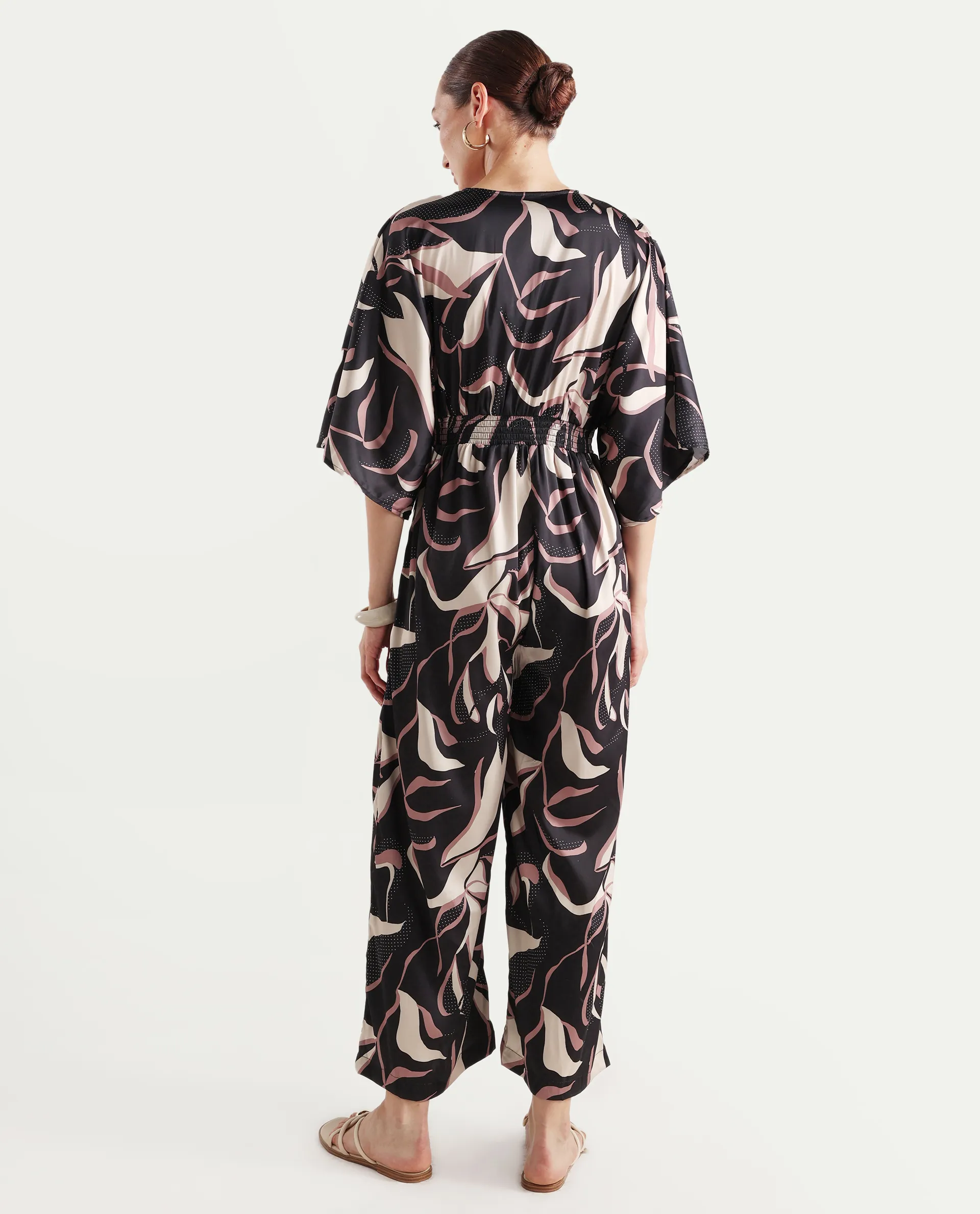 Rareism Women's Sonrka Multi Satin Overlap Neck Abstract Print Extended Sleeves Maxi Relaxed Fit Jumpsuit - Image 8
