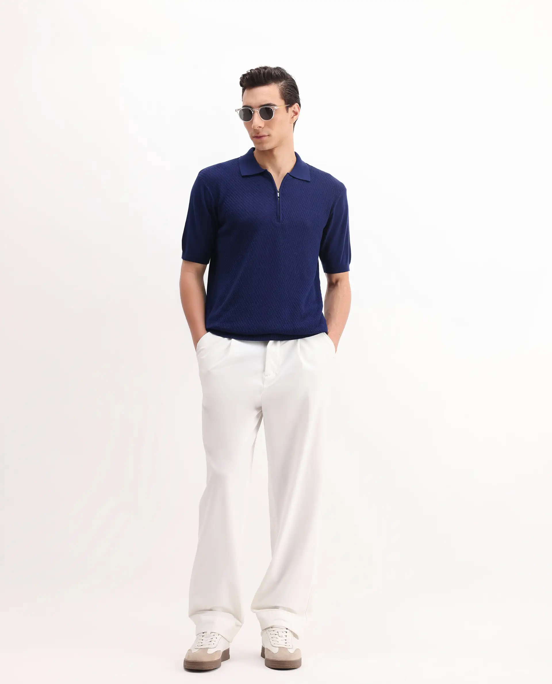 Rare Rabbit Men's Sony Dark Blue Cotton Textured Regular Fit Half Sleeve Polo - Image 2