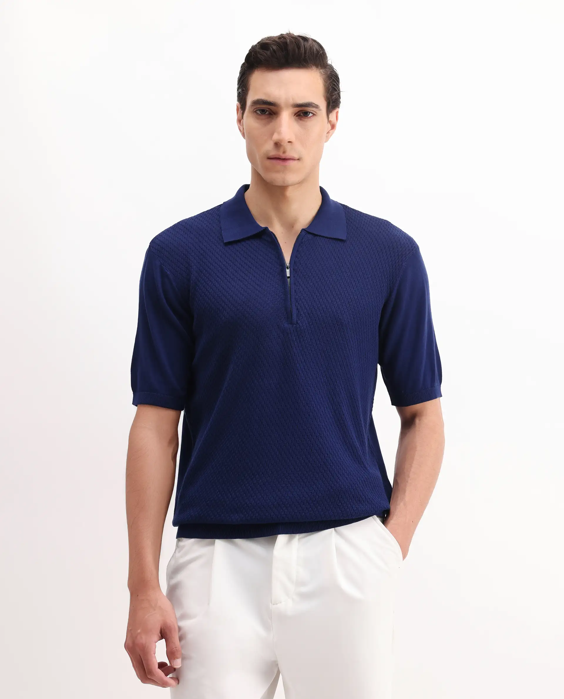 Rare Rabbit Men's Sony Dark Blue Cotton Textured Regular Fit Half Sleeve Polo - Image 3