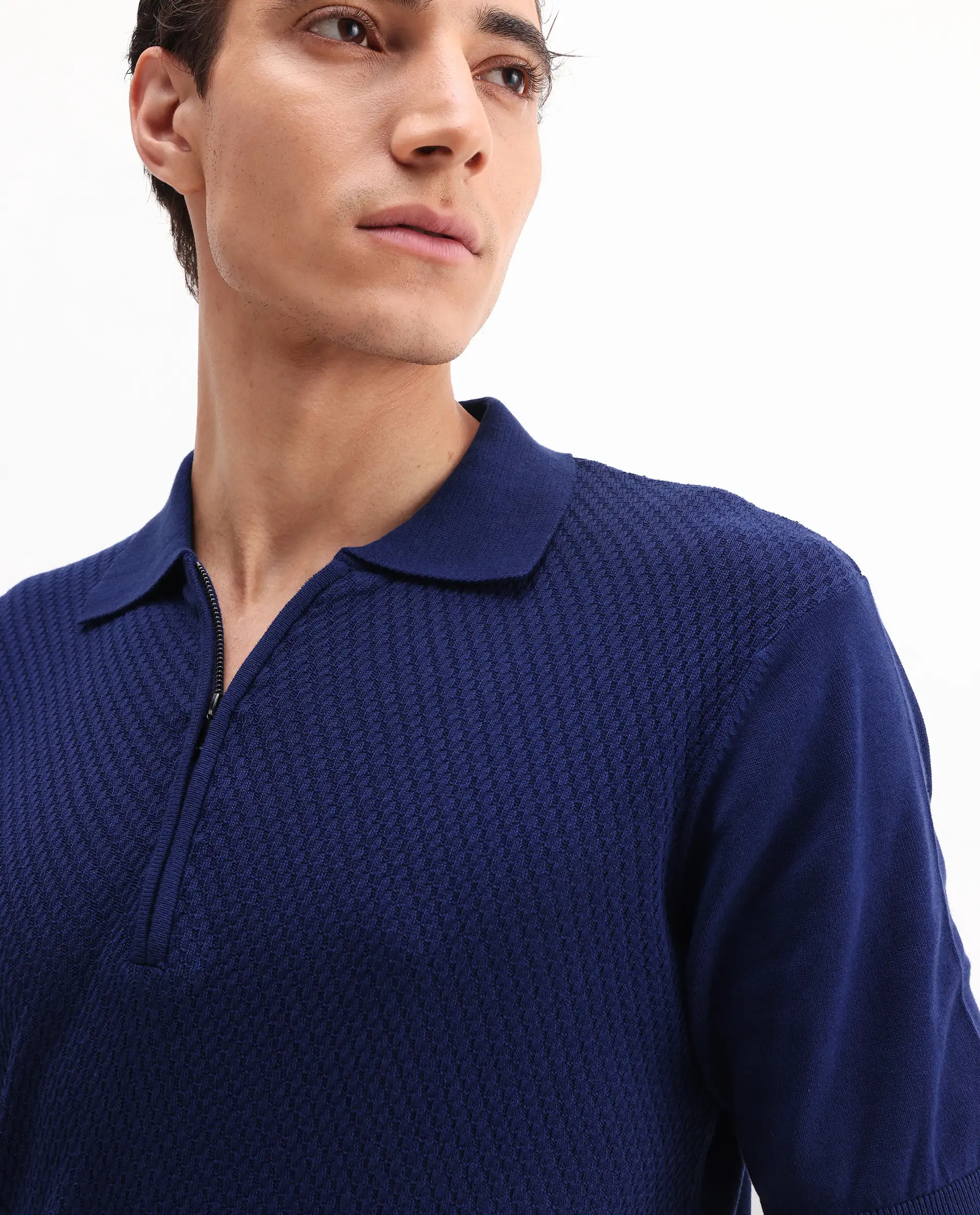 Rare Rabbit Men's Sony Dark Blue Cotton Textured Regular Fit Half Sleeve Polo - Image 4