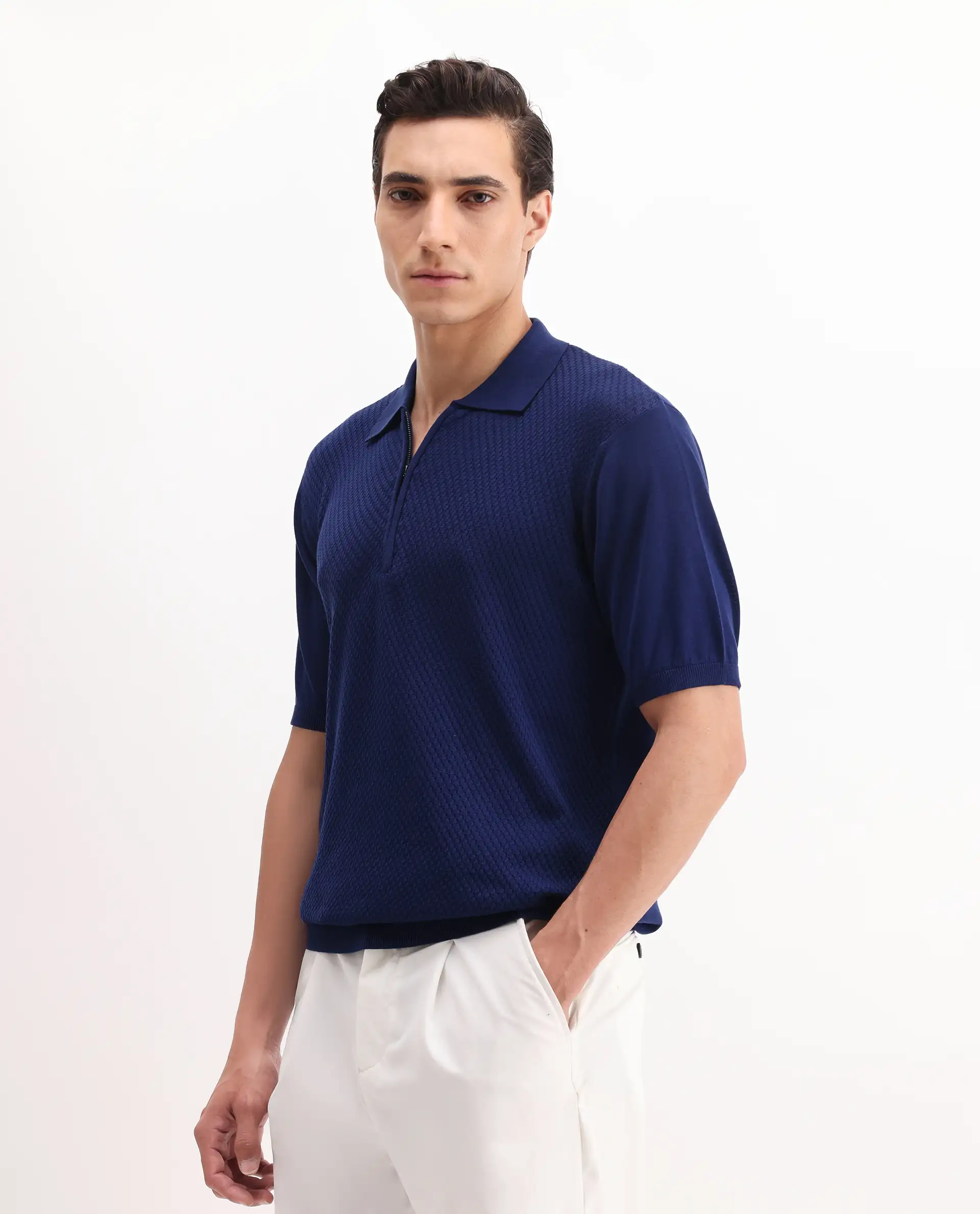 Rare Rabbit Men's Sony Dark Blue Cotton Textured Regular Fit Half Sleeve Polo - Image 5