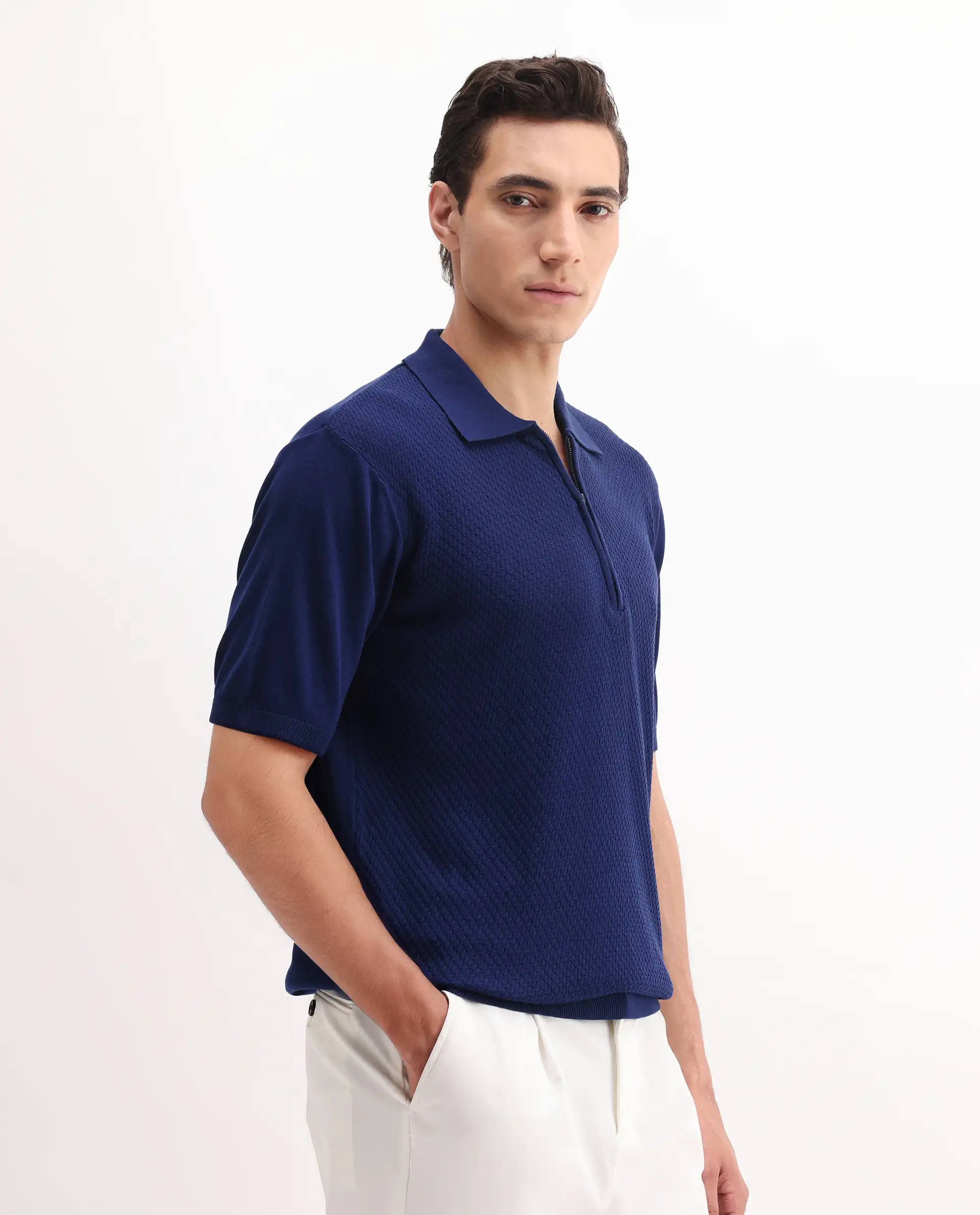 Rare Rabbit Men's Sony Dark Blue Cotton Textured Regular Fit Half Sleeve Polo - Image 6