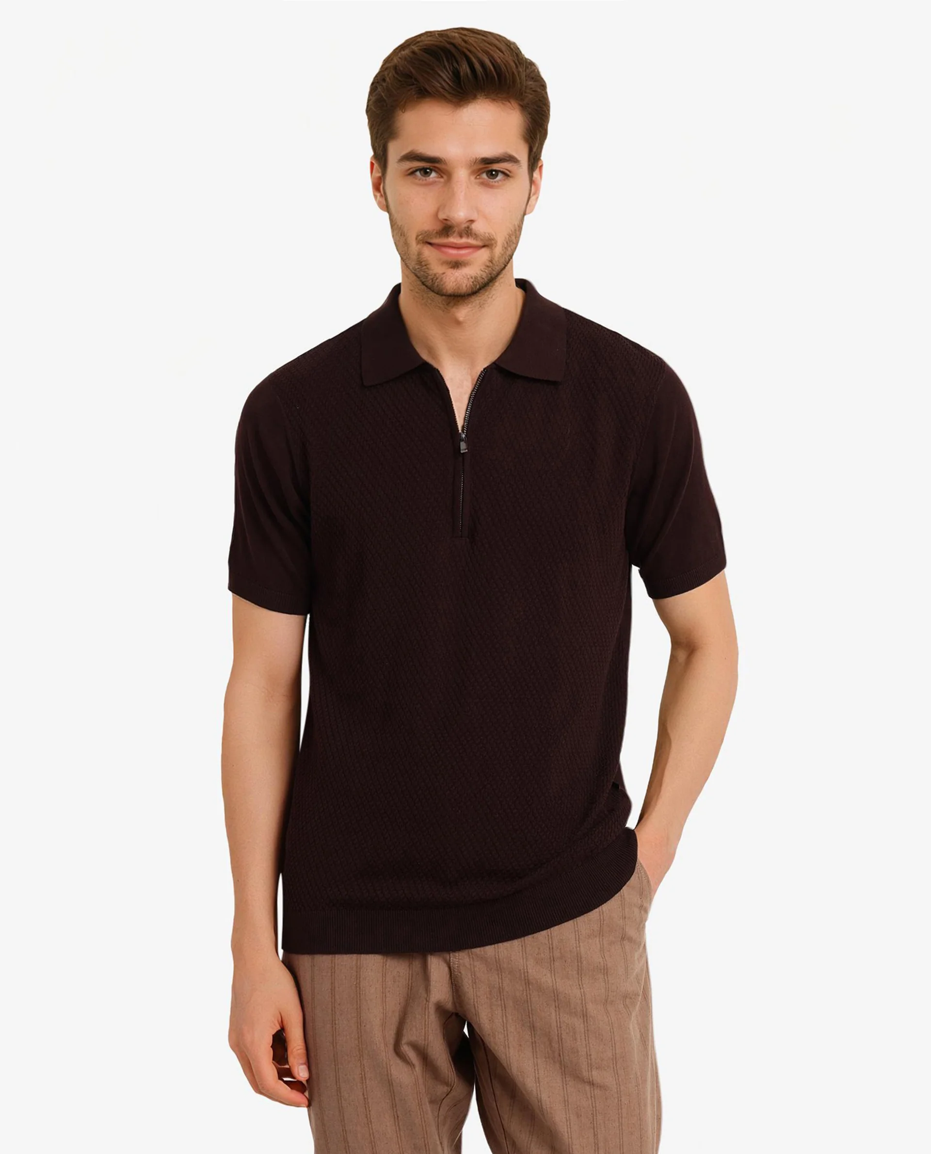 Rare Rabbit Men's Sony Dark Brown Cotton Textured Regular Fit Half Sleeve Polo
