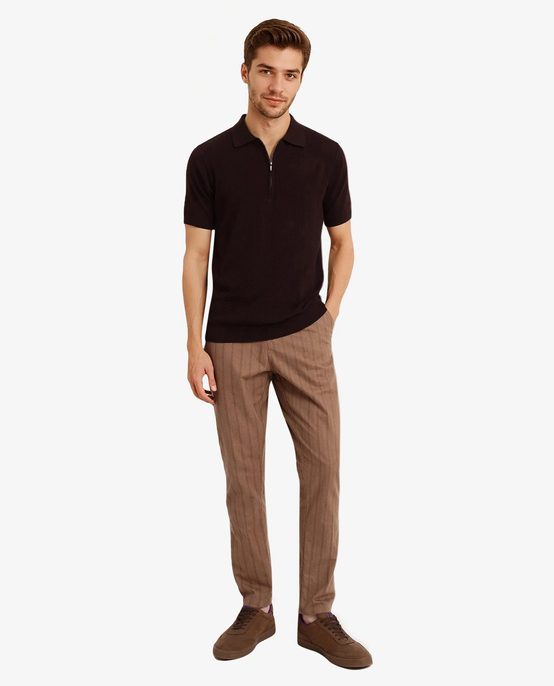 Rare Rabbit Men's Sony Dark Brown Cotton Textured Regular Fit Half Sleeve Polo - Image 2