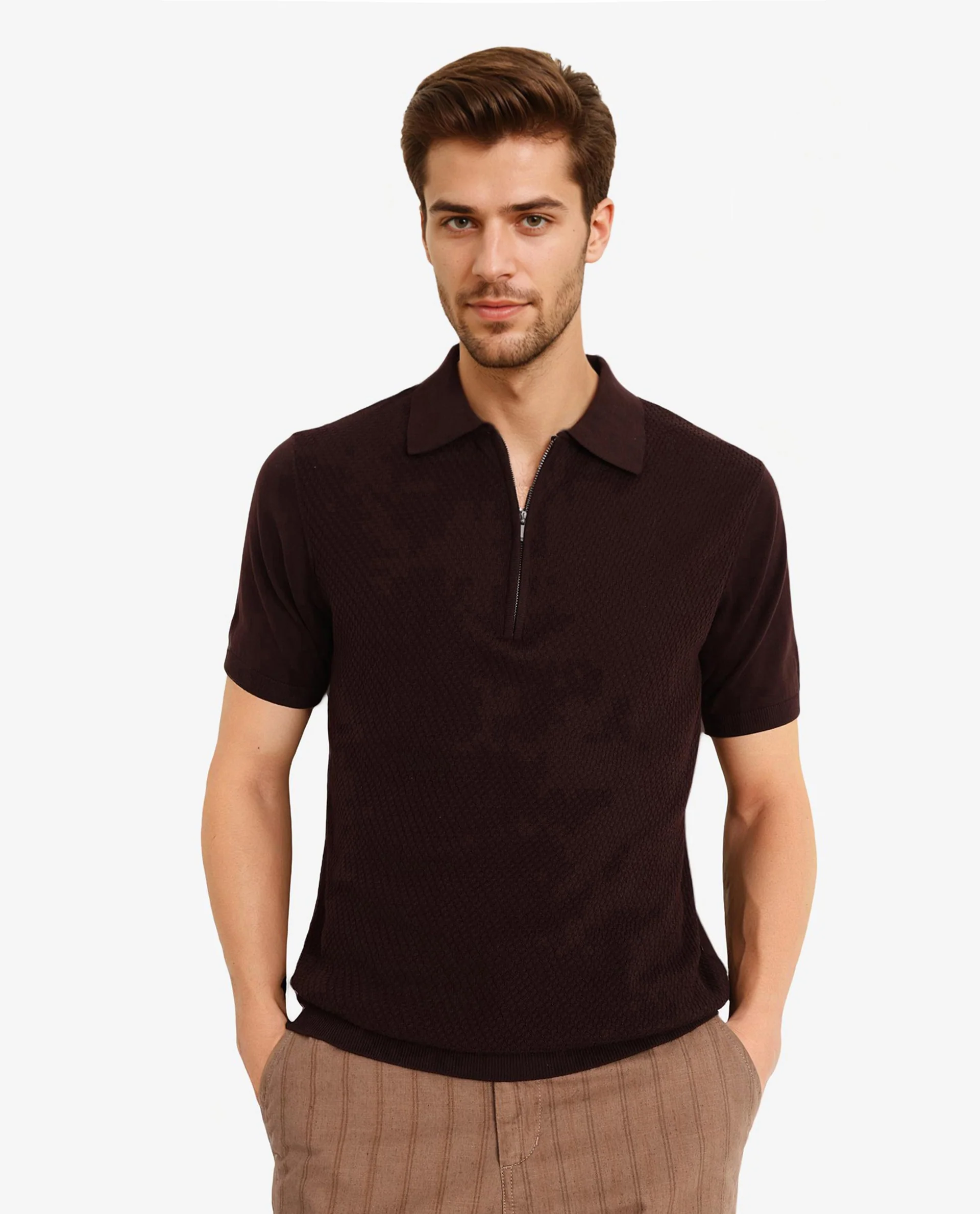 Rare Rabbit Men's Sony Dark Brown Cotton Textured Regular Fit Half Sleeve Polo - Image 3