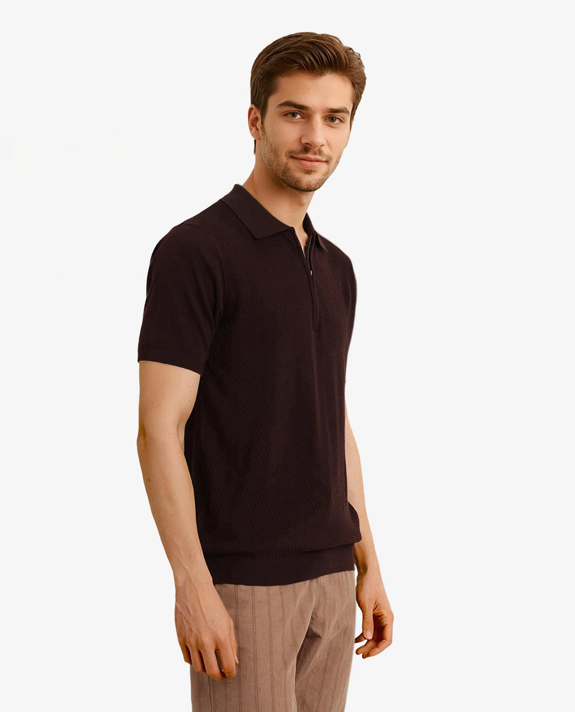 Rare Rabbit Men's Sony Dark Brown Cotton Textured Regular Fit Half Sleeve Polo - Image 4