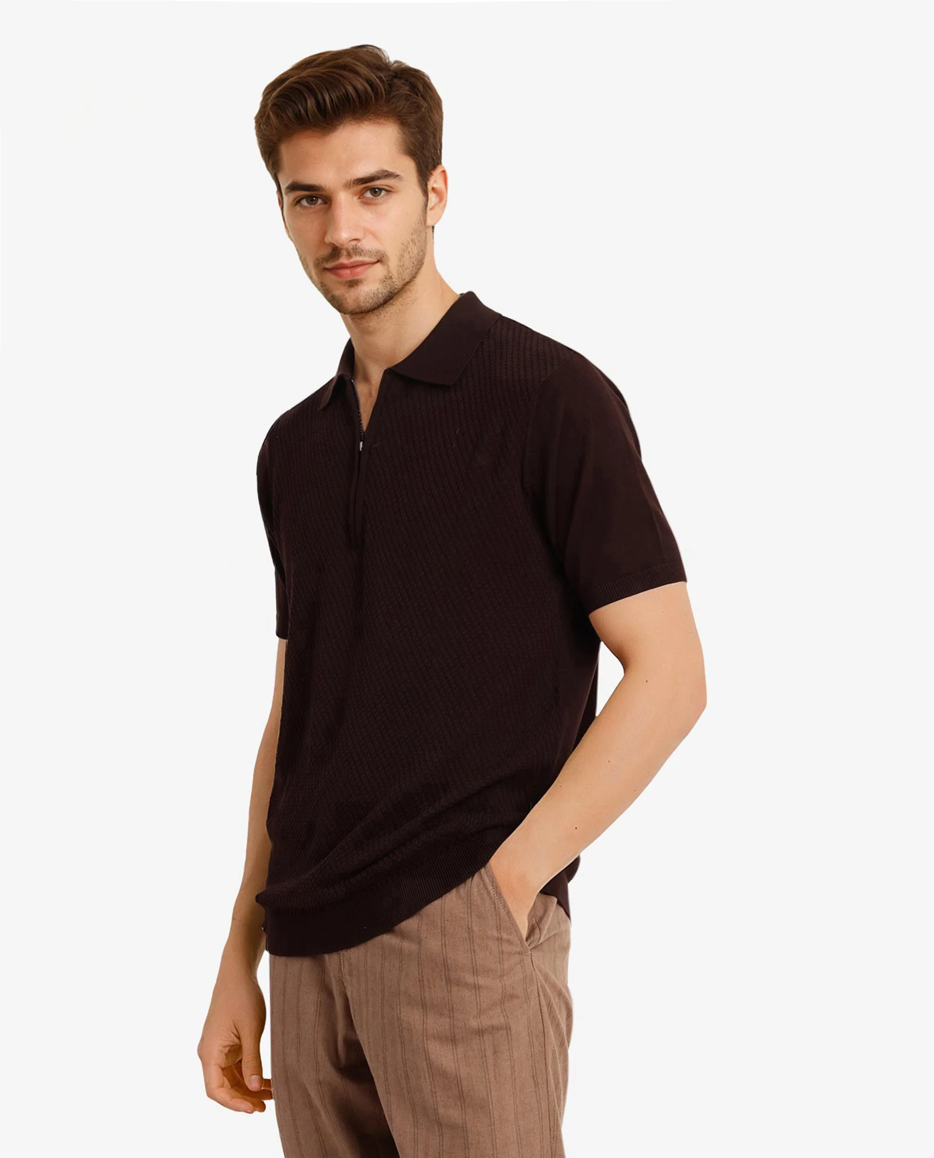Rare Rabbit Men's Sony Dark Brown Cotton Textured Regular Fit Half Sleeve Polo - Image 6