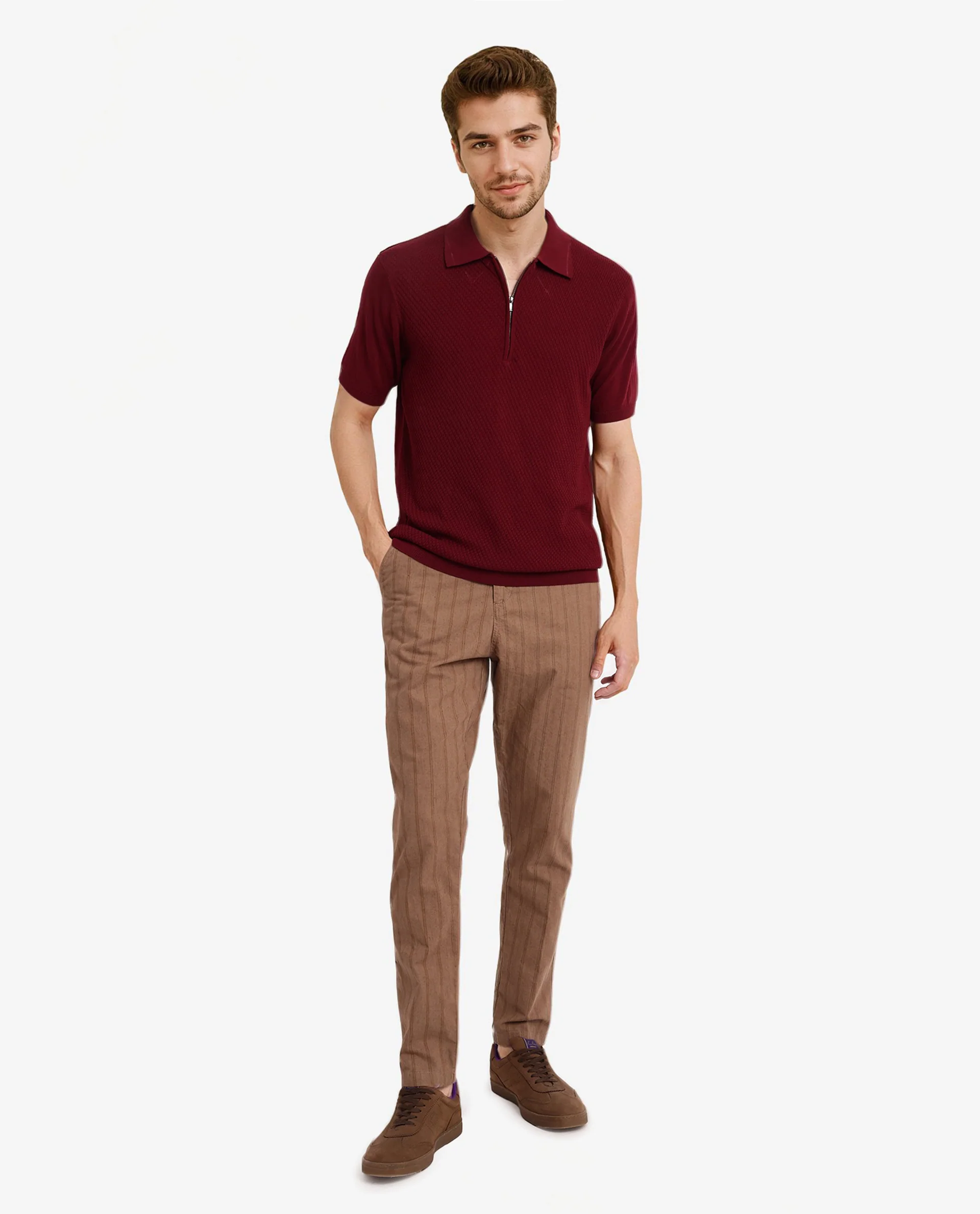Rare Rabbit Men's Sony Maroon Cotton Textured Regular Fit Half Sleeve Polo - Image 2