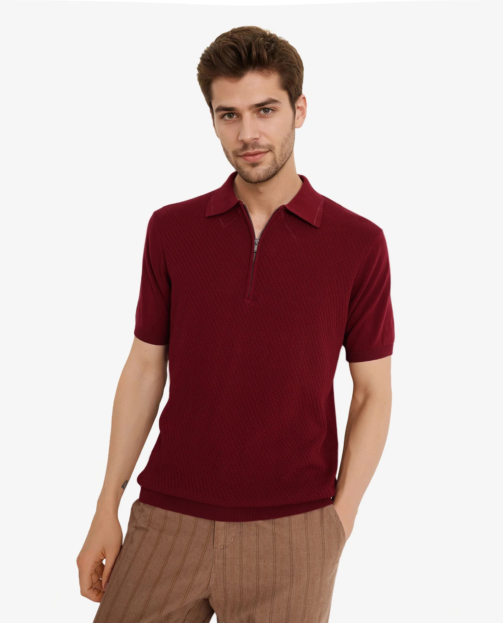Rare Rabbit Men's Sony Maroon Cotton Textured Regular Fit Half Sleeve Polo - Image 3