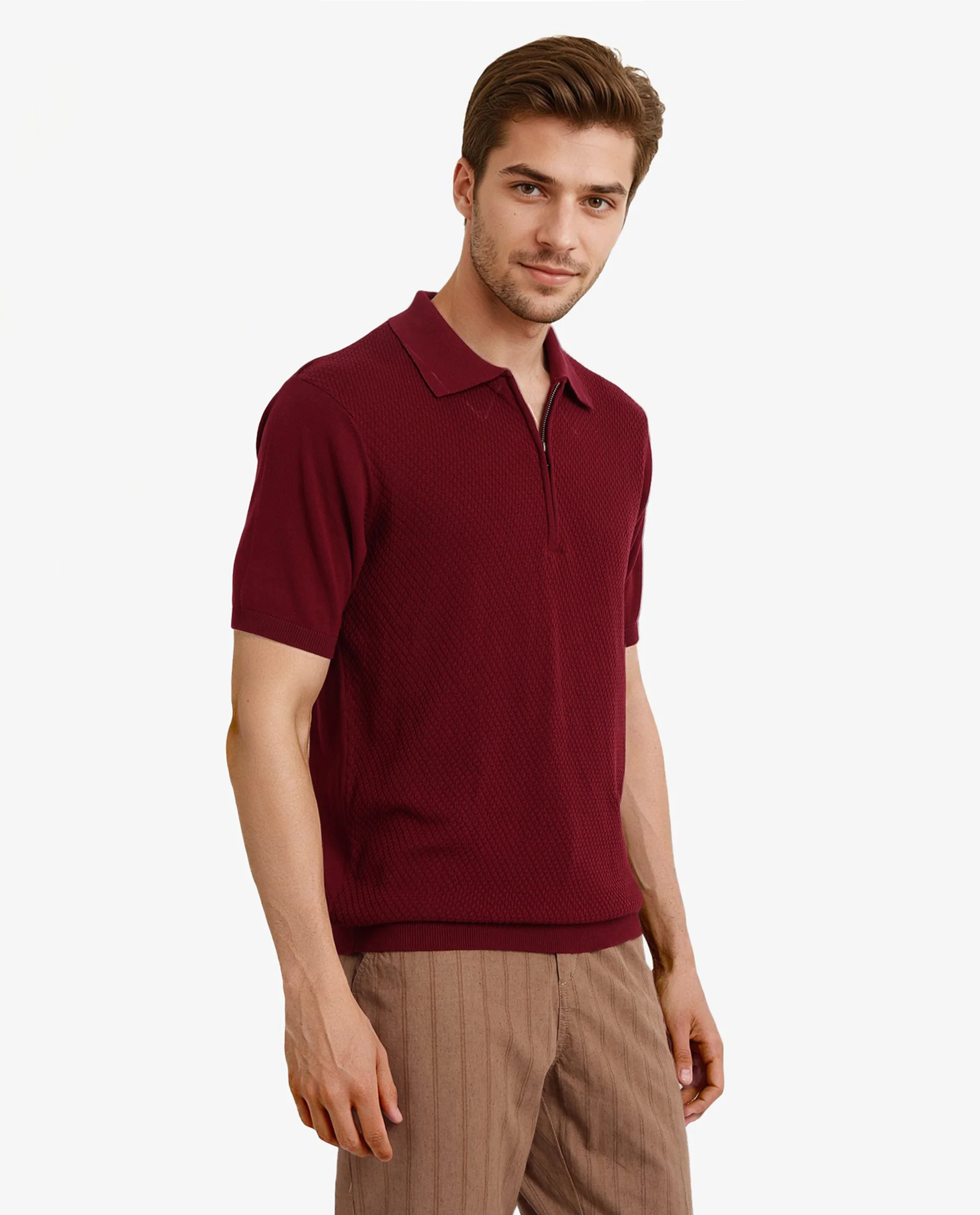 Rare Rabbit Men's Sony Maroon Cotton Textured Regular Fit Half Sleeve Polo - Image 4