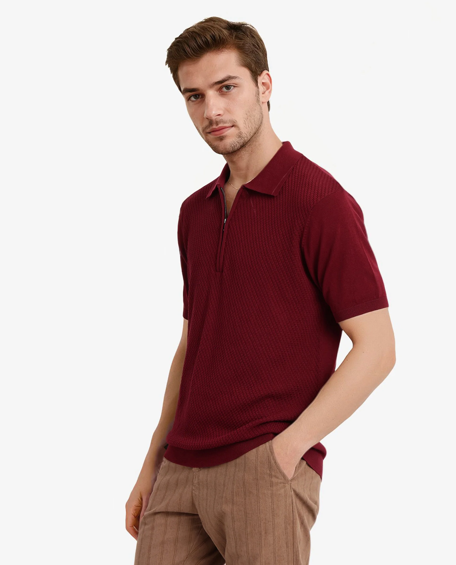 Rare Rabbit Men's Sony Maroon Cotton Textured Regular Fit Half Sleeve Polo - Image 6