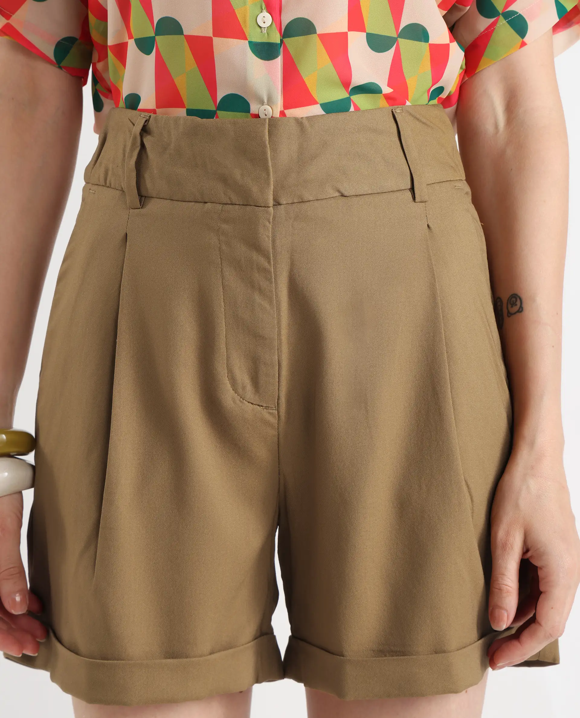 Rareism Women's Sopari Dark Khaki Polyester Plain Mini Regular Fit Shorts - Image 2