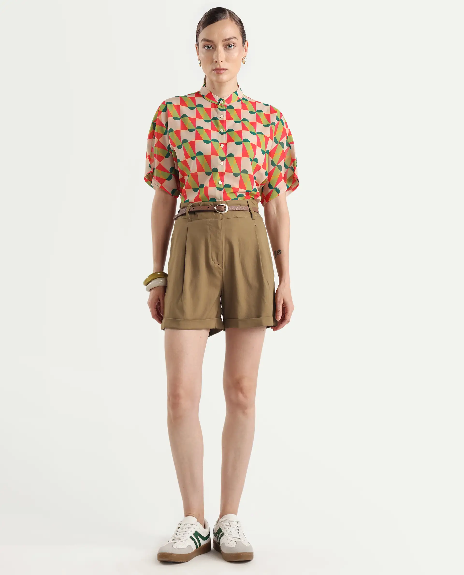 Rareism Women's Sopari Dark Khaki Polyester Plain Mini Regular Fit Shorts - Image 4