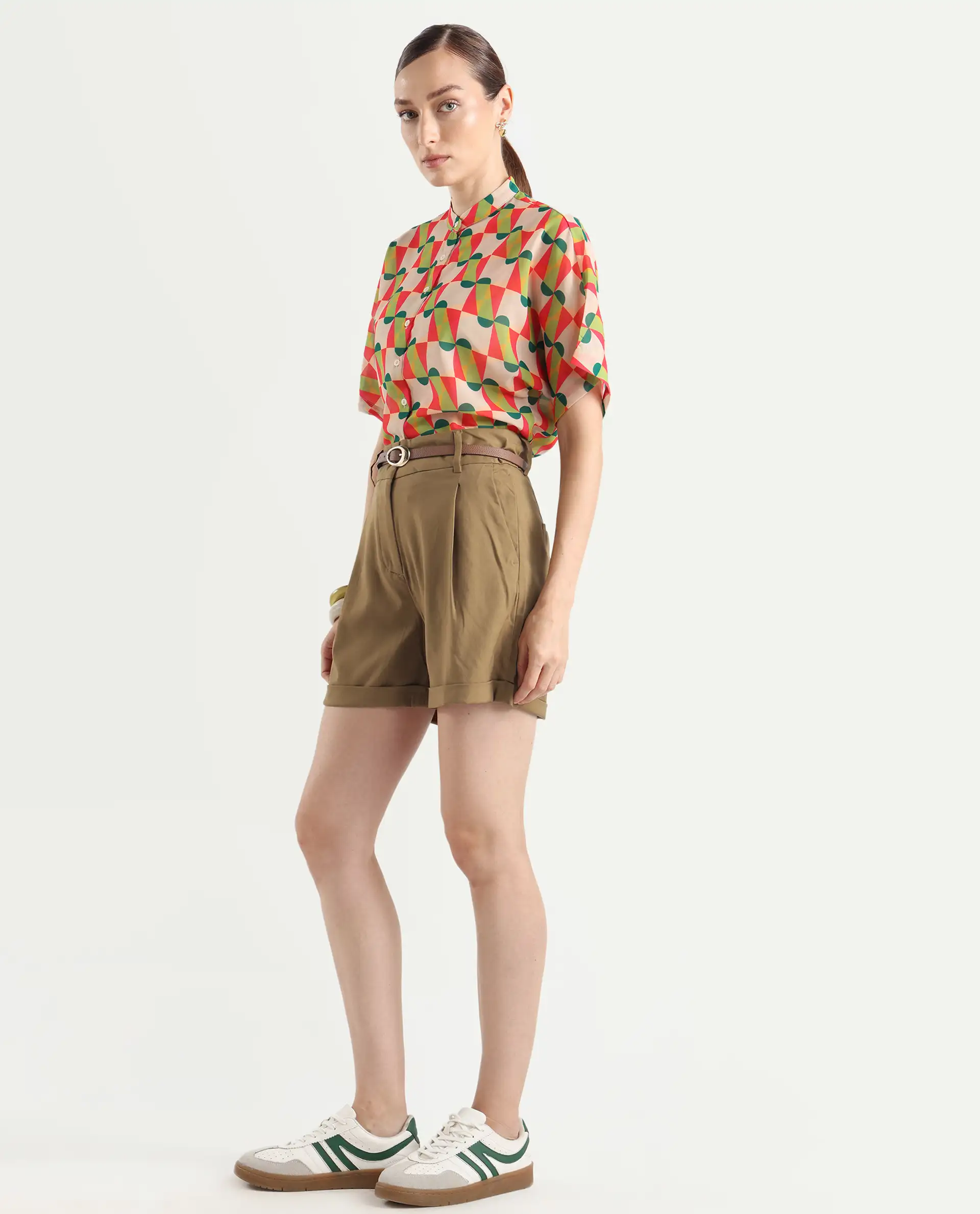 Rareism Women's Sopari Dark Khaki Polyester Plain Mini Regular Fit Shorts - Image 6