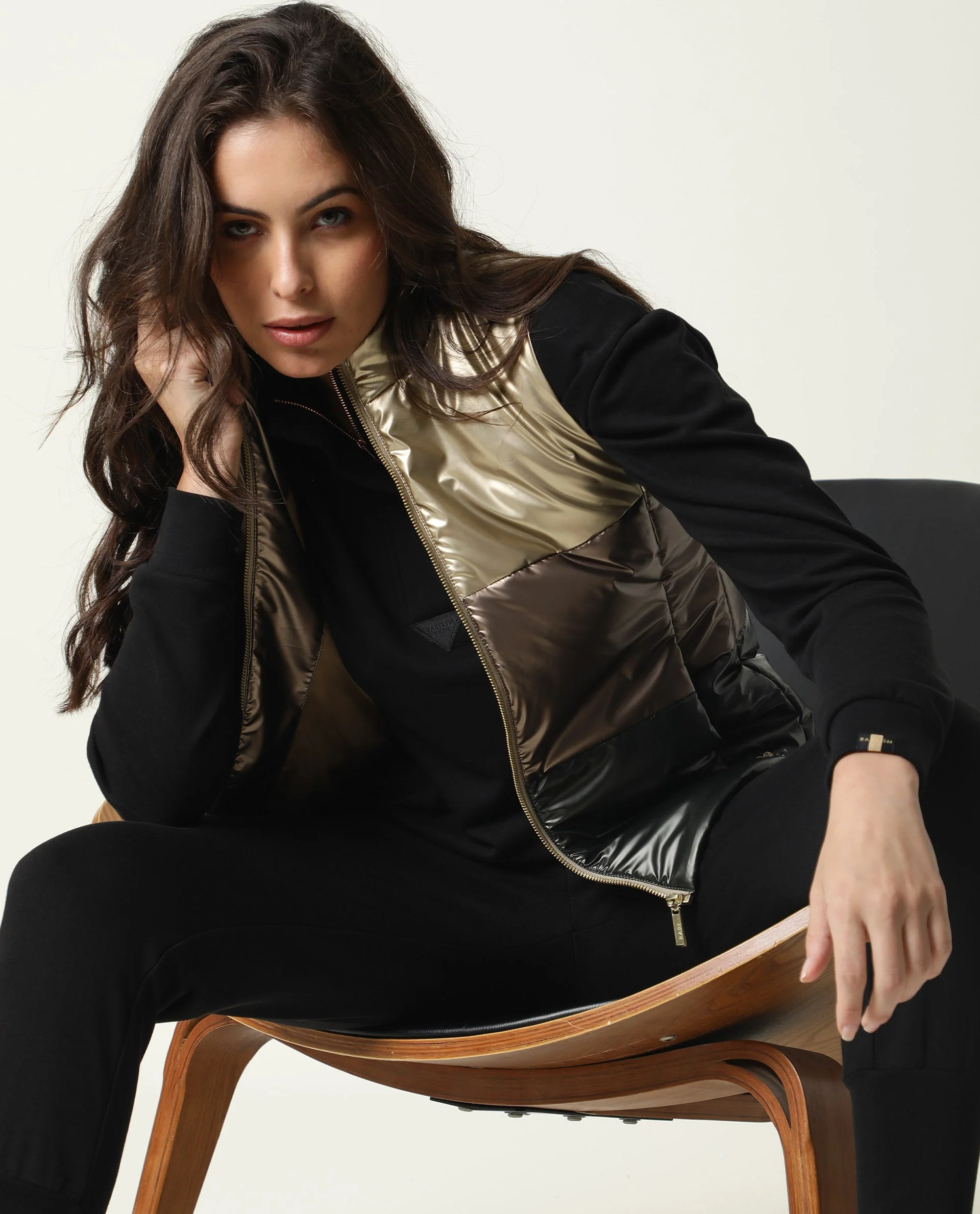 Rareism Women's Sophia Gold Polyester High Neck Color Block Sleeveless Regular Fit Jacket