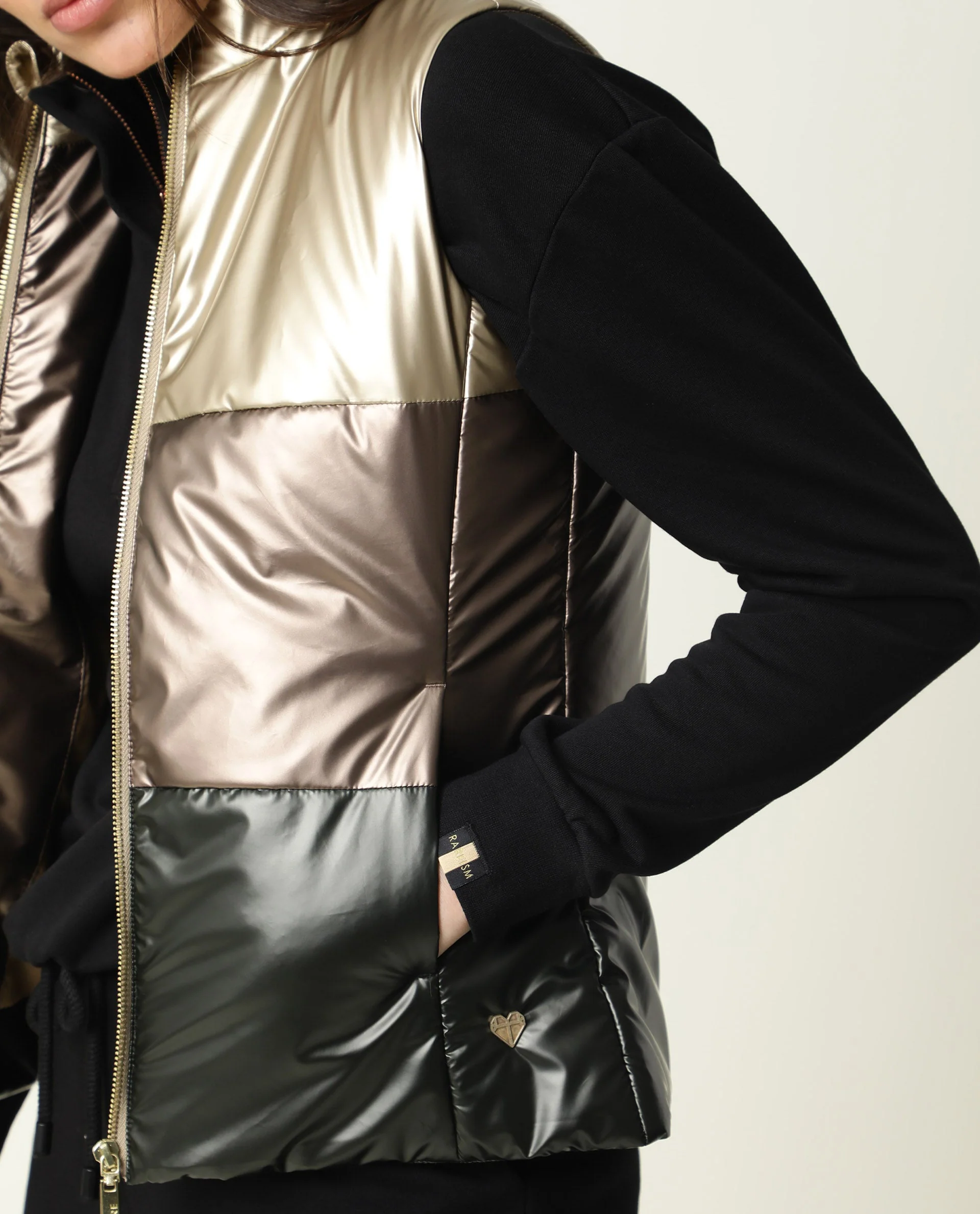 Rareism Women's Sophia Gold Polyester High Neck Color Block Sleeveless Regular Fit Jacket - Image 2