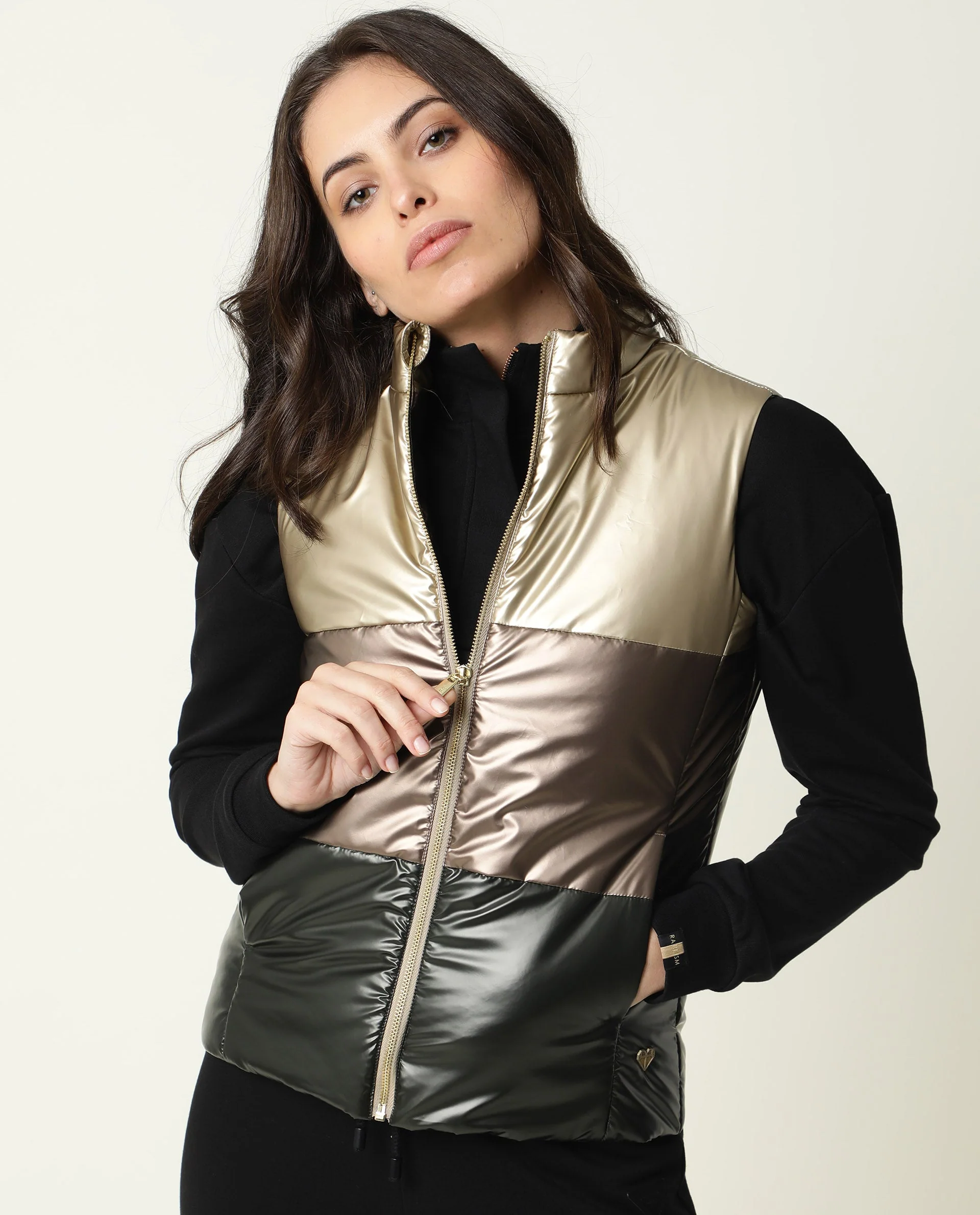Rareism Women's Sophia Gold Polyester High Neck Color Block Sleeveless Regular Fit Jacket - Image 4