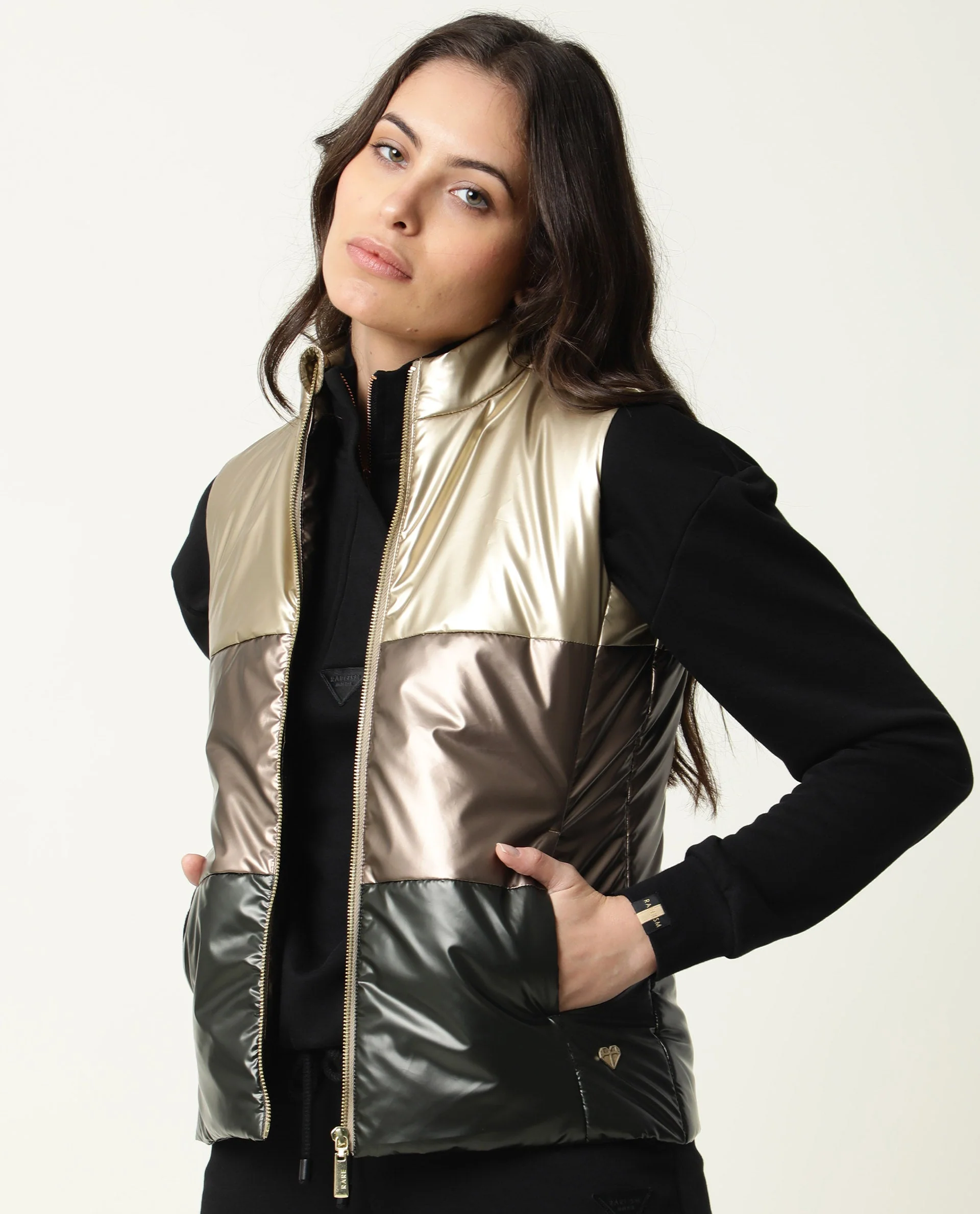 Rareism Women's Sophia Gold Polyester High Neck Color Block Sleeveless Regular Fit Jacket - Image 5