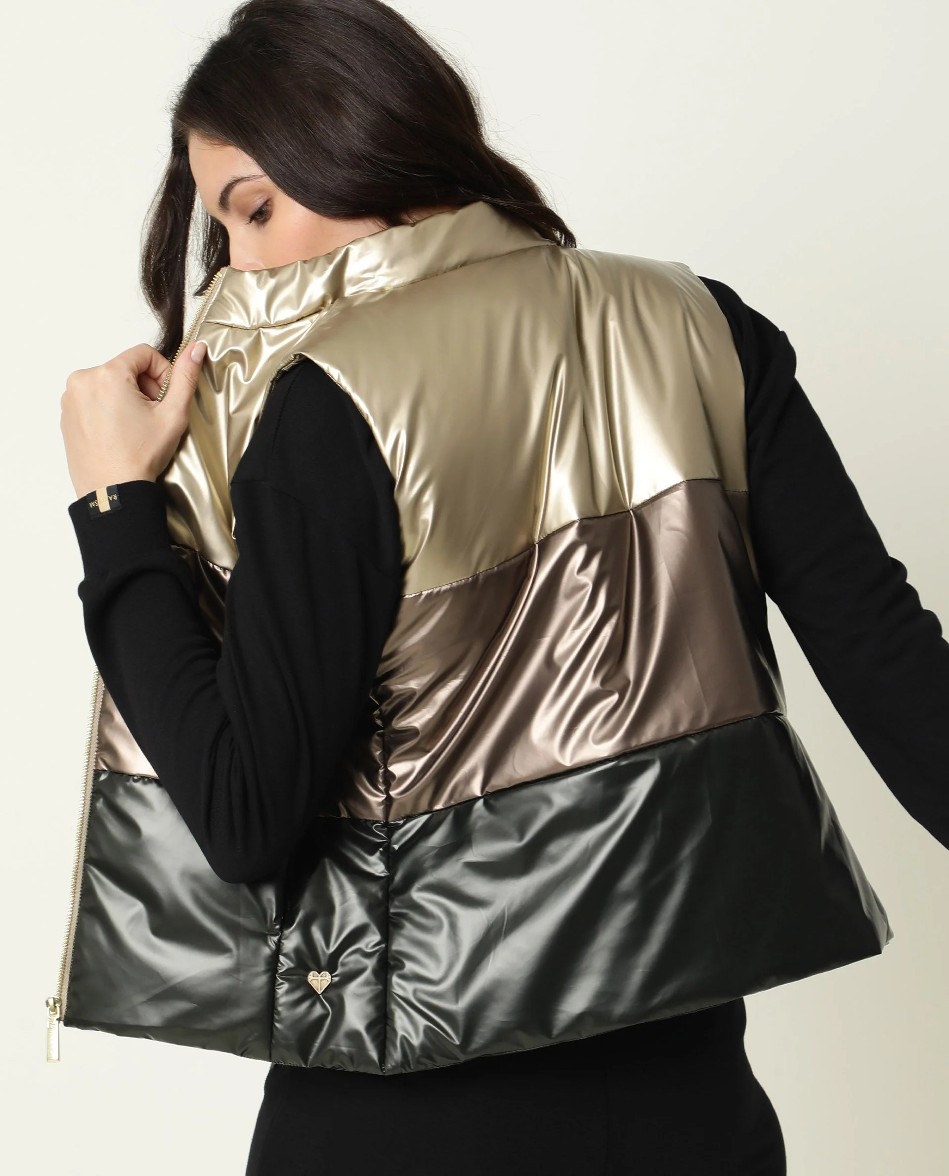 Rareism Women's Sophia Gold Polyester High Neck Color Block Sleeveless Regular Fit Jacket - Image 7