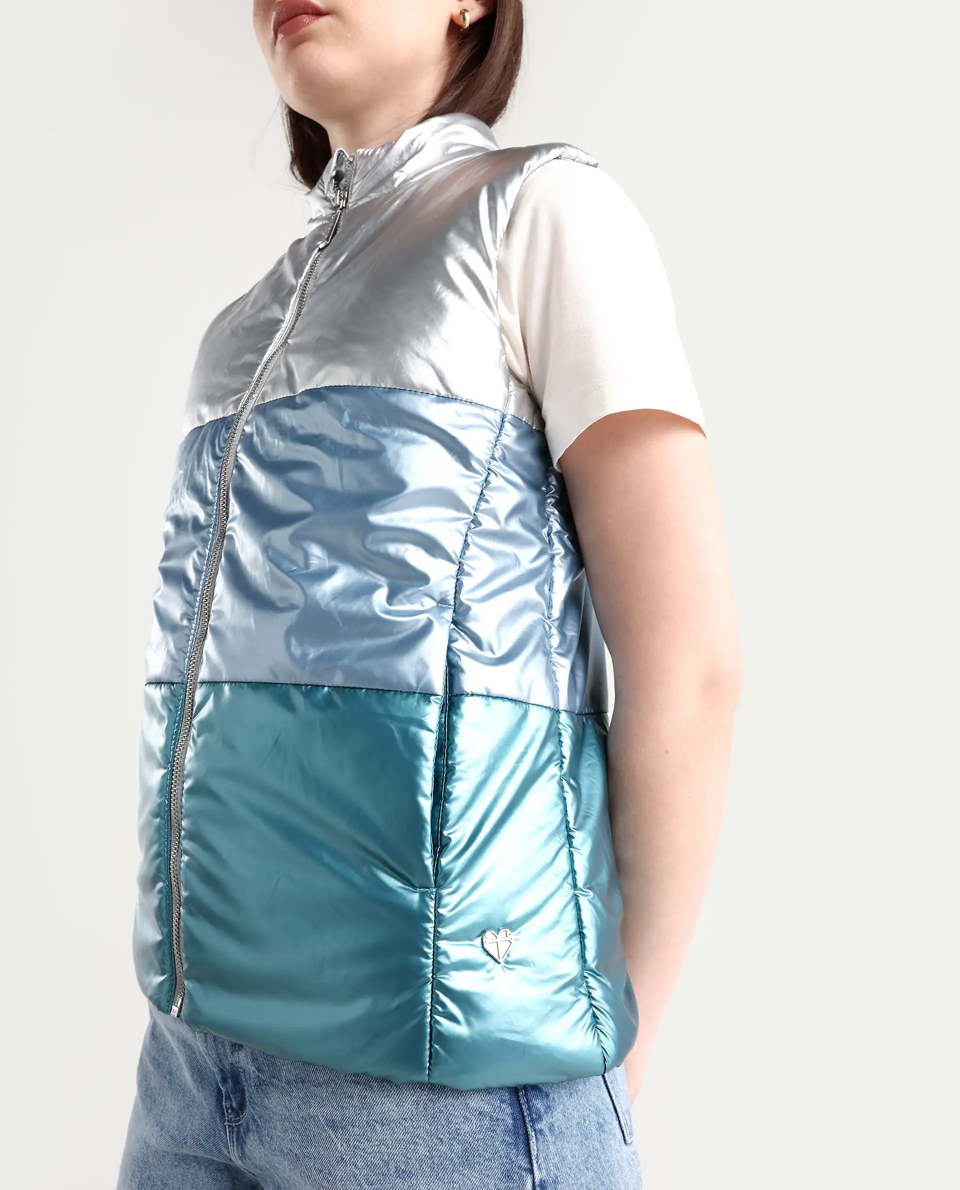 Rareism Women's Sophia Silver Polyester High Neck Color Block Sleeveless Regular Fit Jacket - Image 4
