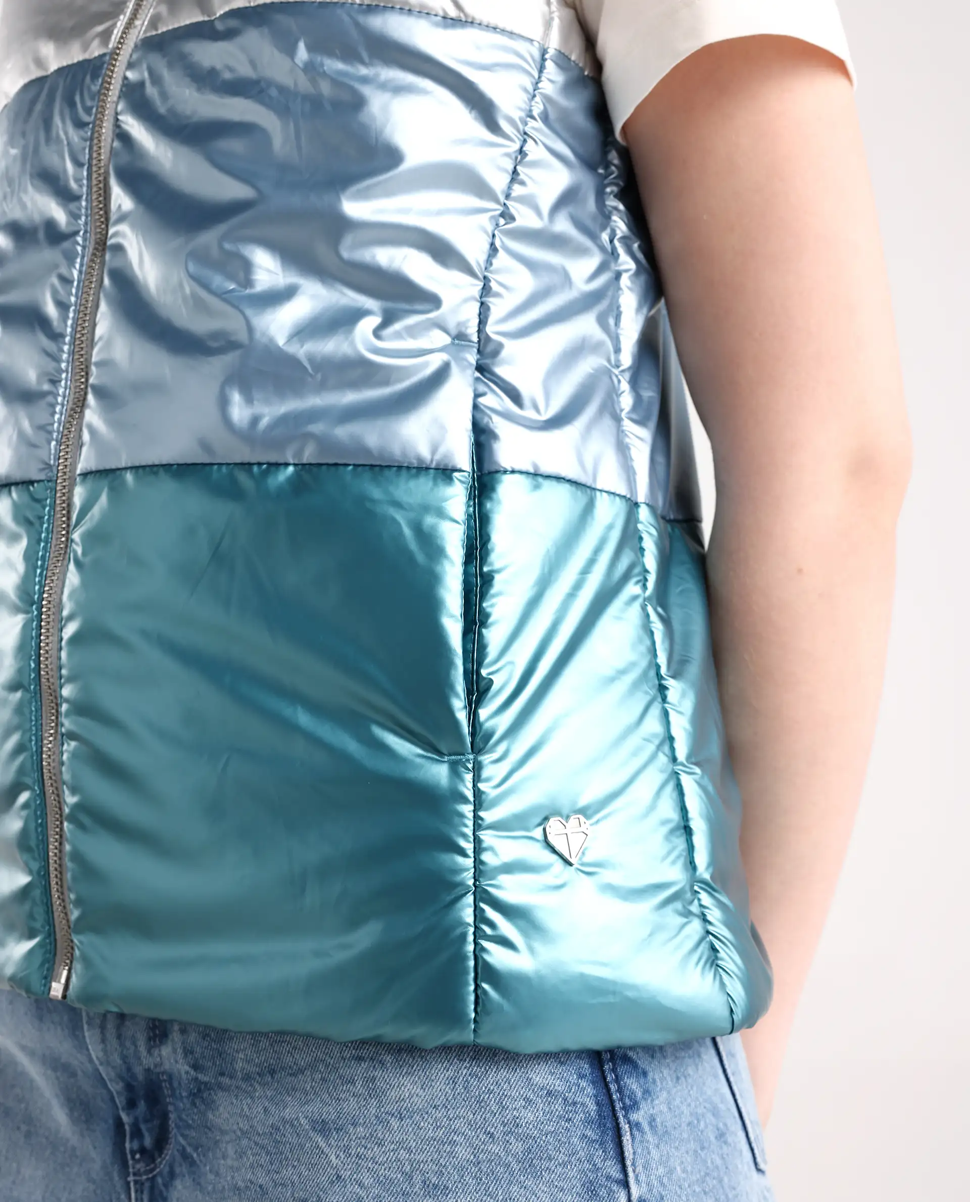 Rareism Women's Sophia Silver Polyester High Neck Color Block Sleeveless Regular Fit Jacket - Image 5