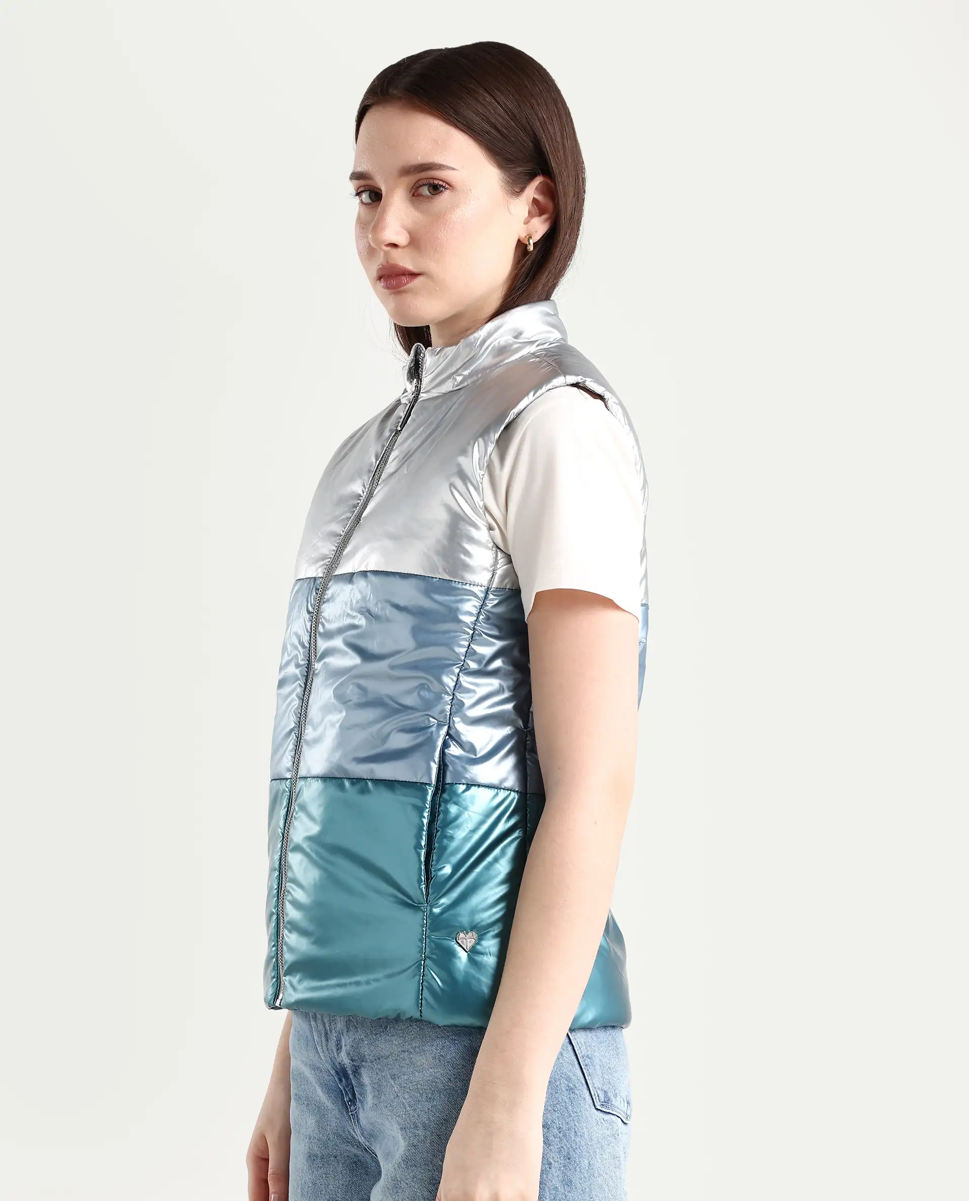 Rareism Women's Sophia Silver Polyester High Neck Color Block Sleeveless Regular Fit Jacket - Image 6