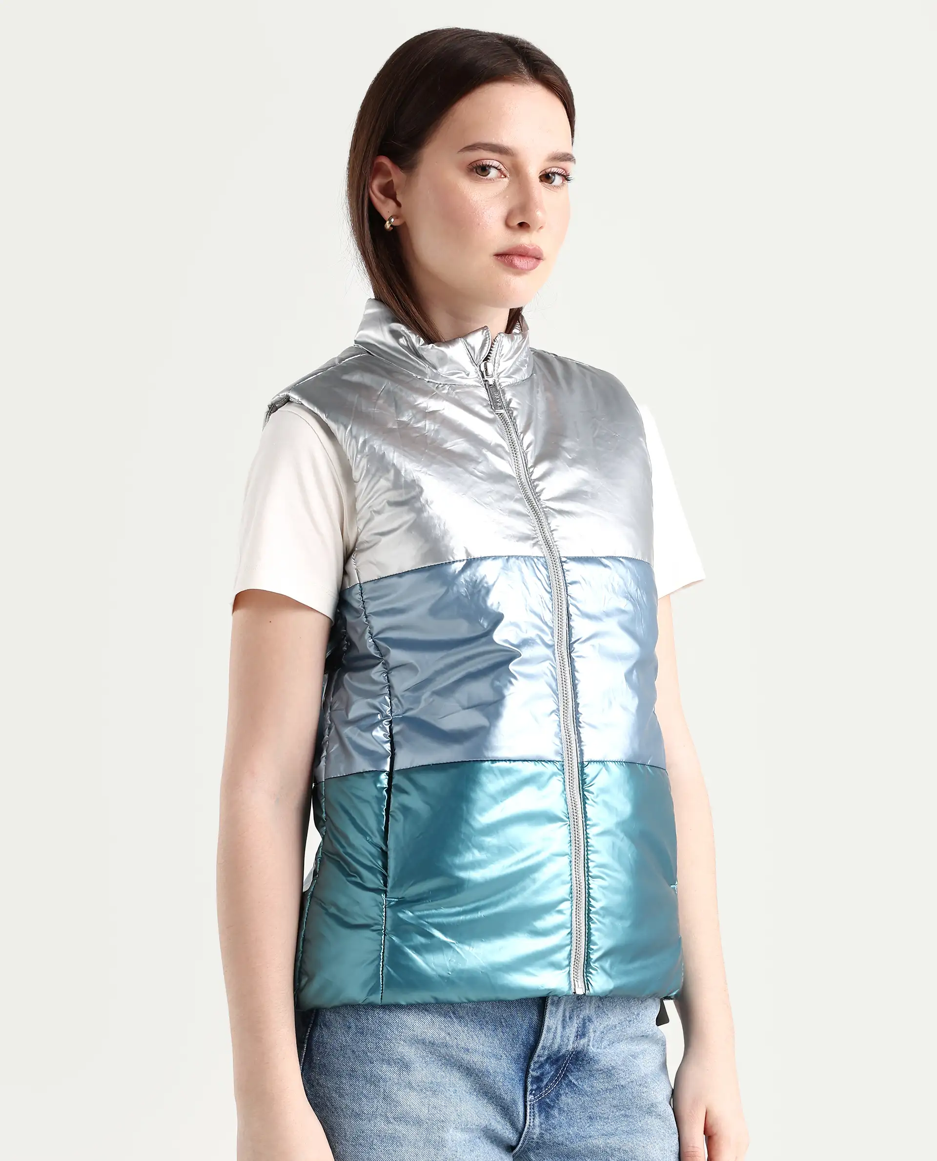 Rareism Women's Sophia Silver Polyester High Neck Color Block Sleeveless Regular Fit Jacket - Image 7