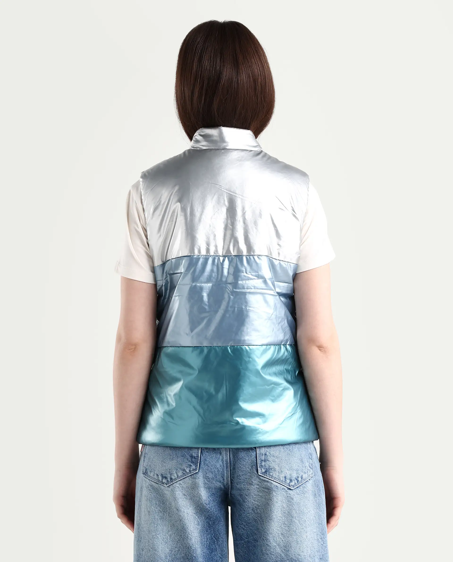 Rareism Women's Sophia Silver Polyester High Neck Color Block Sleeveless Regular Fit Jacket - Image 8