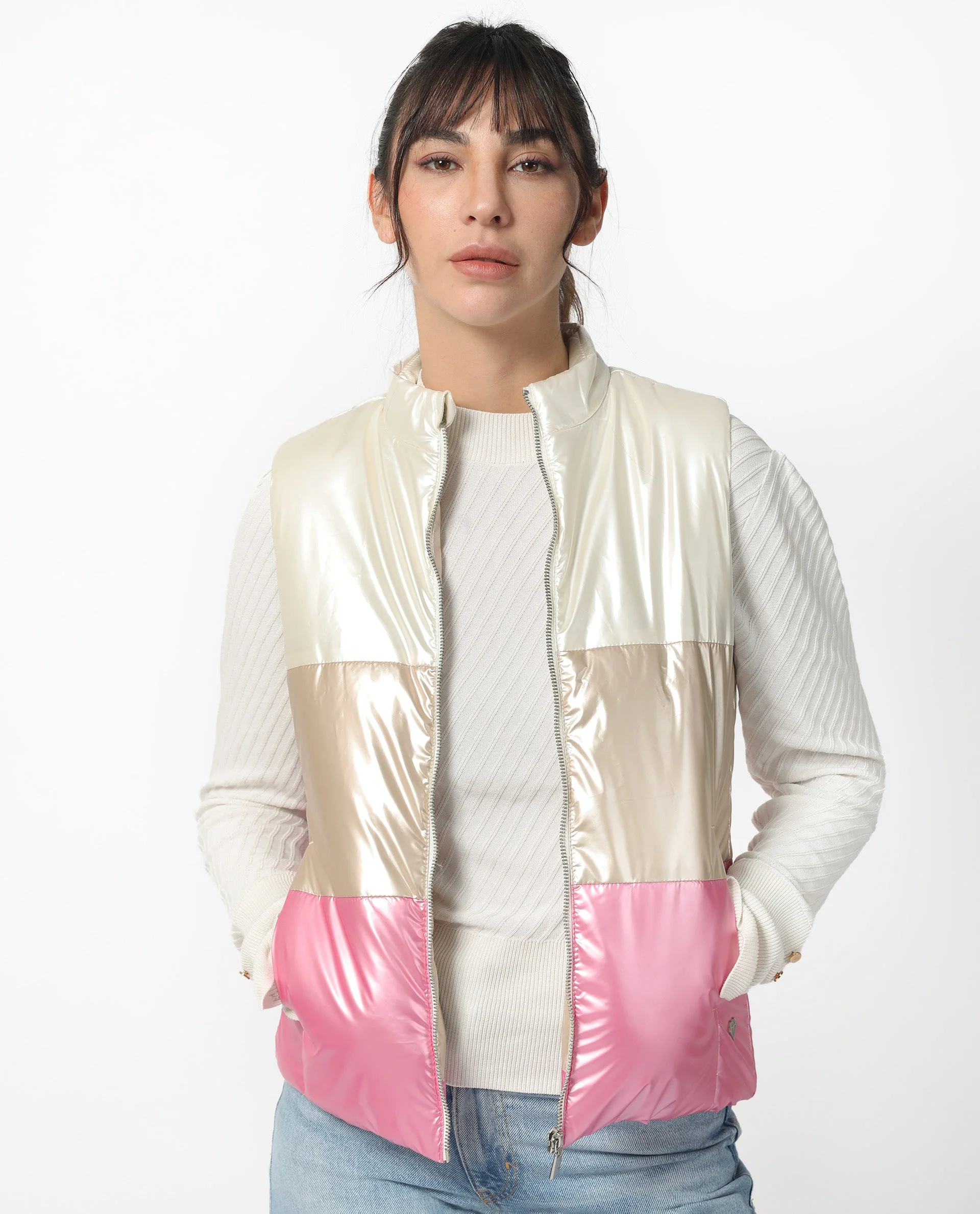 Rareism Women's Sophia White Polyester High Neck Color Block Sleeveless Regular Fit Jacket
