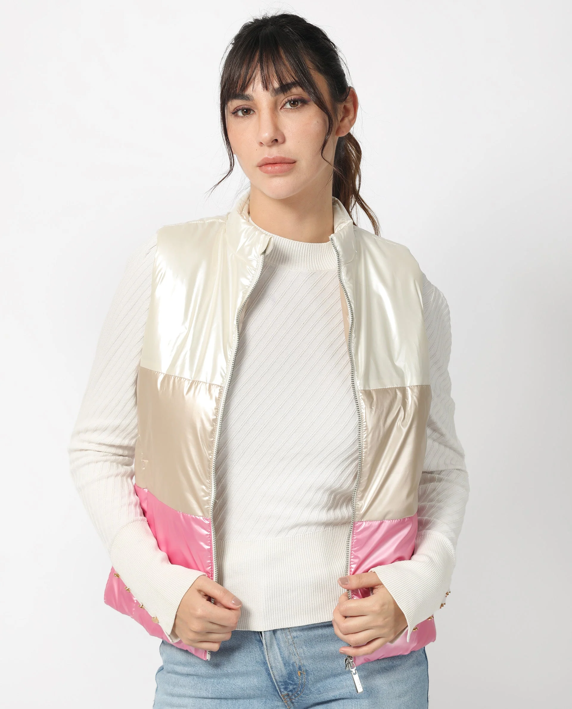 Rareism Women's Sophia White Polyester High Neck Color Block Sleeveless Regular Fit Jacket - Image 4