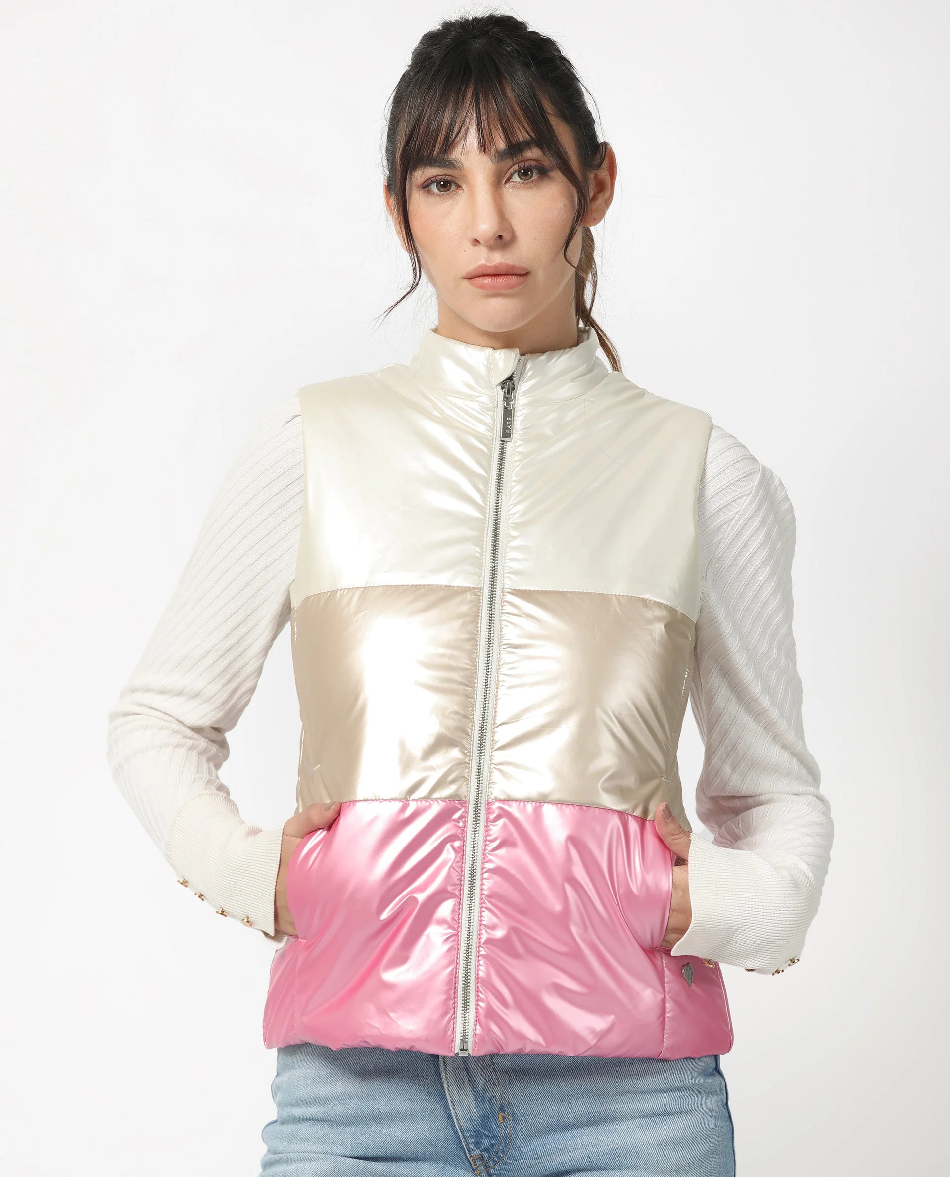 Rareism Women's Sophia White Polyester High Neck Color Block Sleeveless Regular Fit Jacket - Image 8