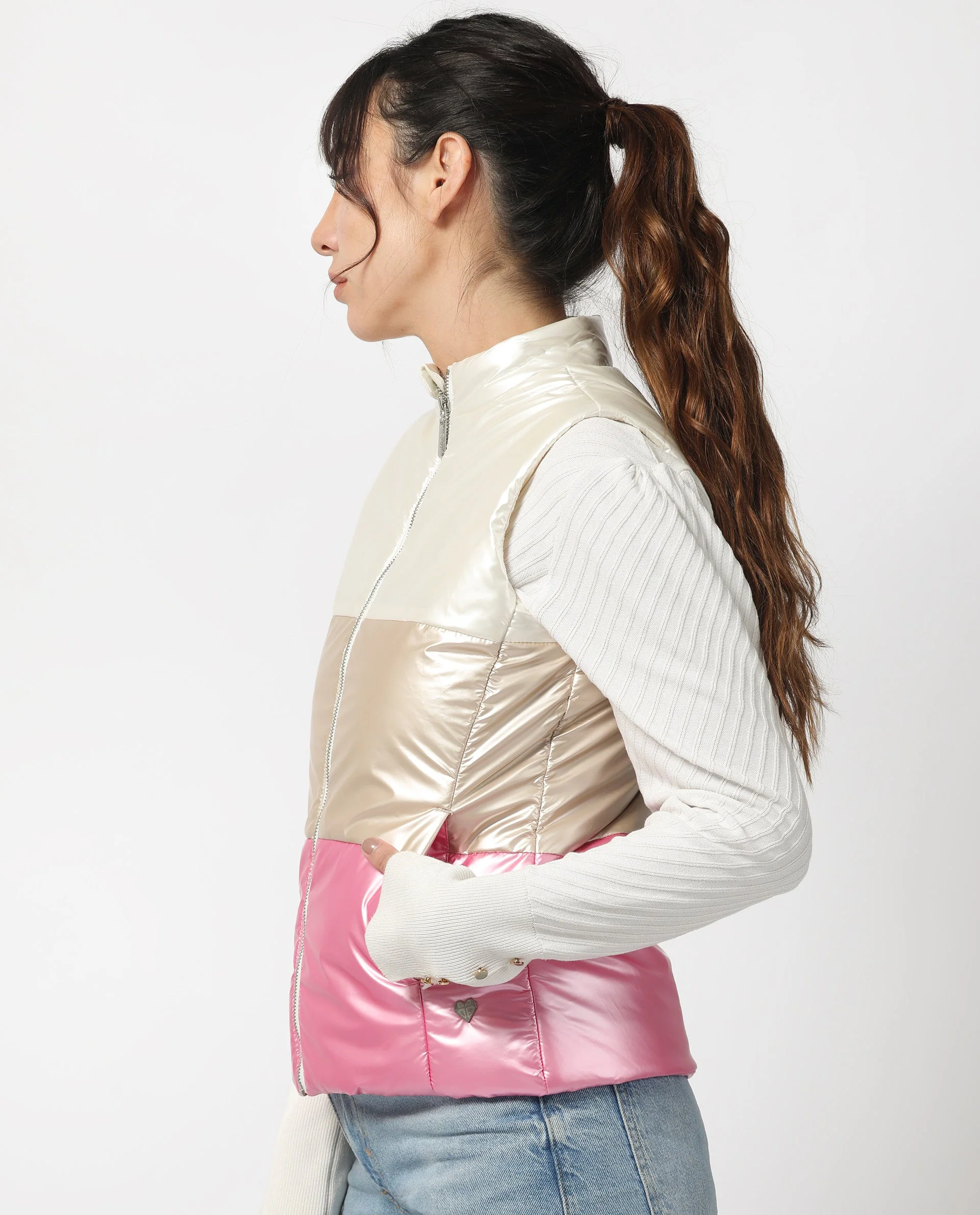 Rareism Women's Sophia White Polyester High Neck Color Block Sleeveless Regular Fit Jacket - Image 9