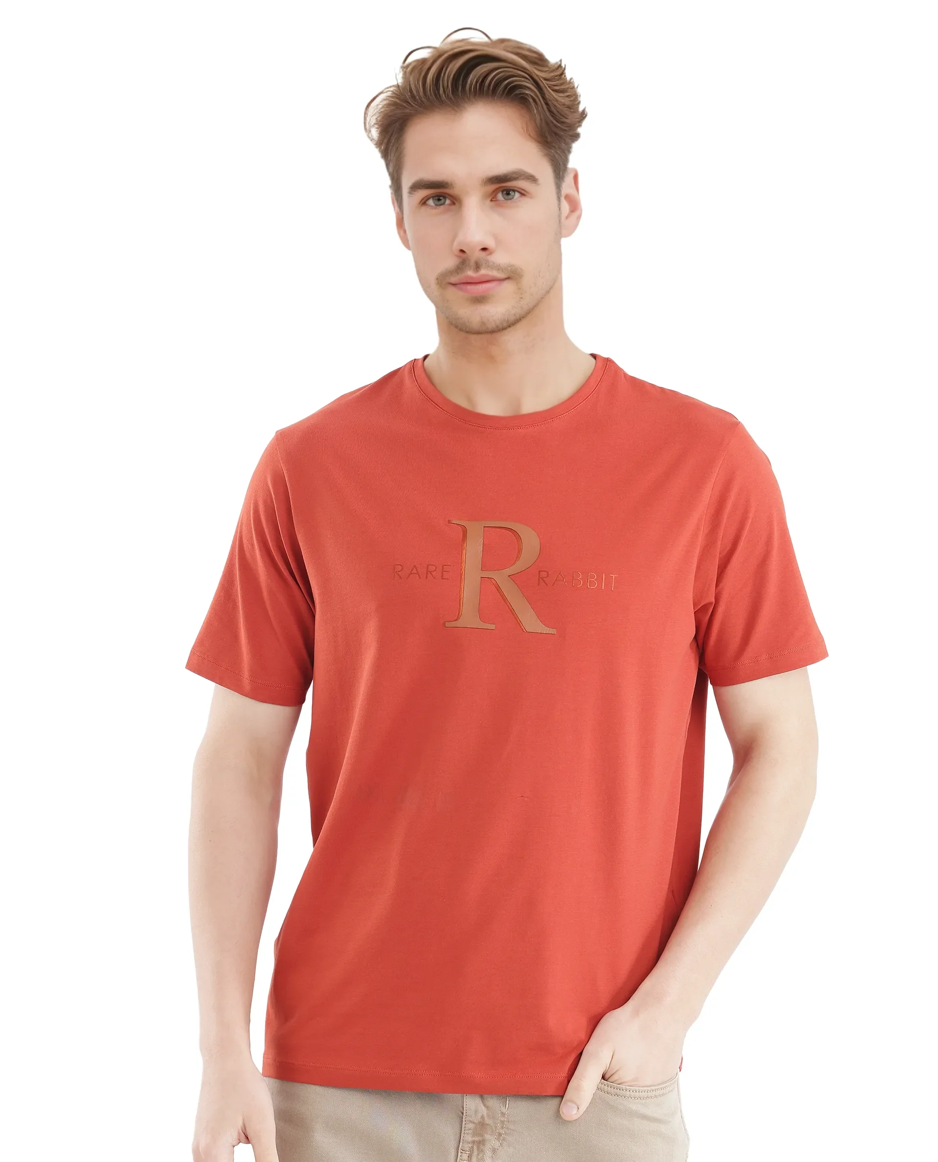 Rare Rabbit Men's Sorin-1 Rust Cotton Graphic Print Regular Fit Half Sleeve Crew Neck T-Shirt