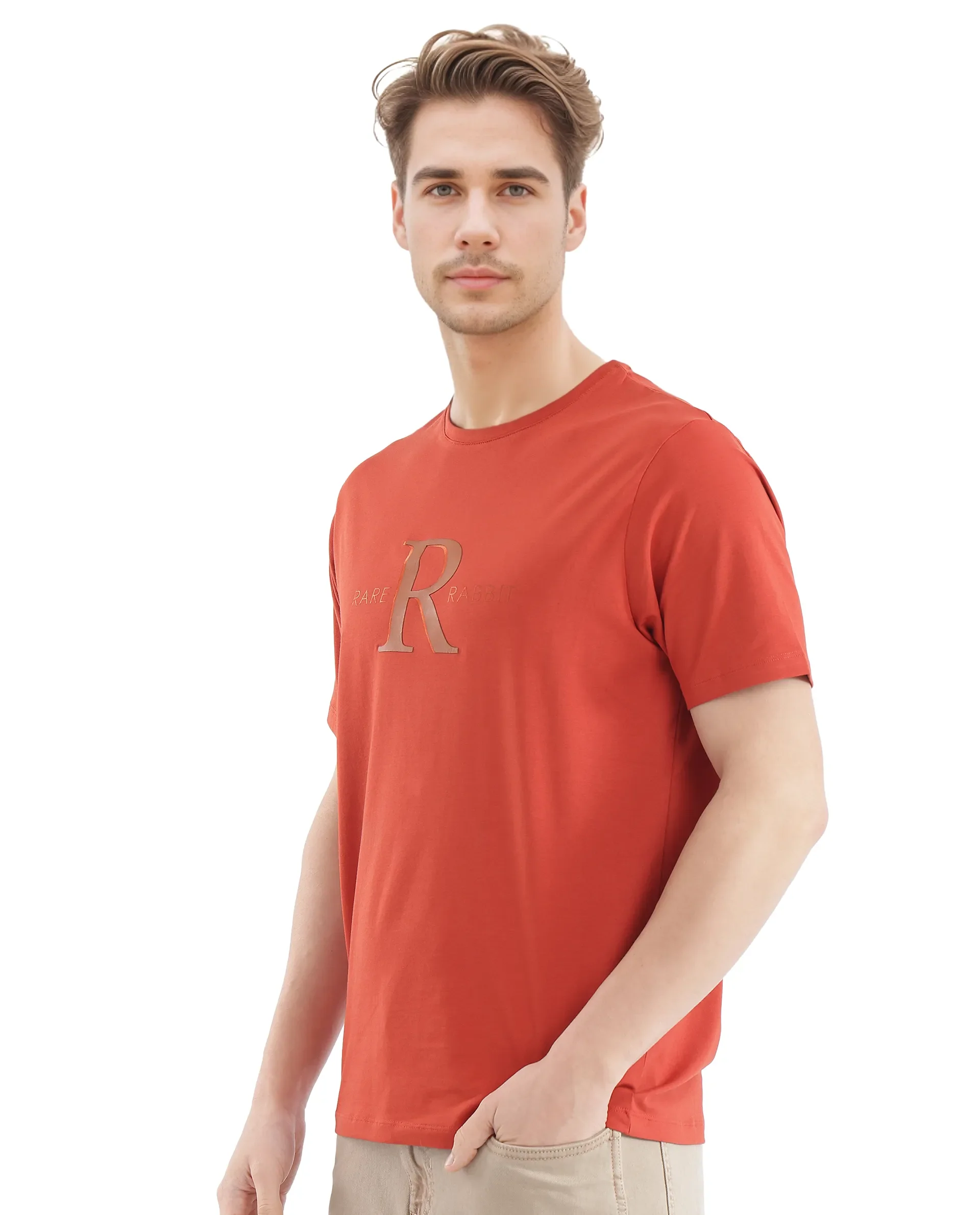 Rare Rabbit Men's Sorin-1 Rust Cotton Graphic Print Regular Fit Half Sleeve Crew Neck T-Shirt - Image 5