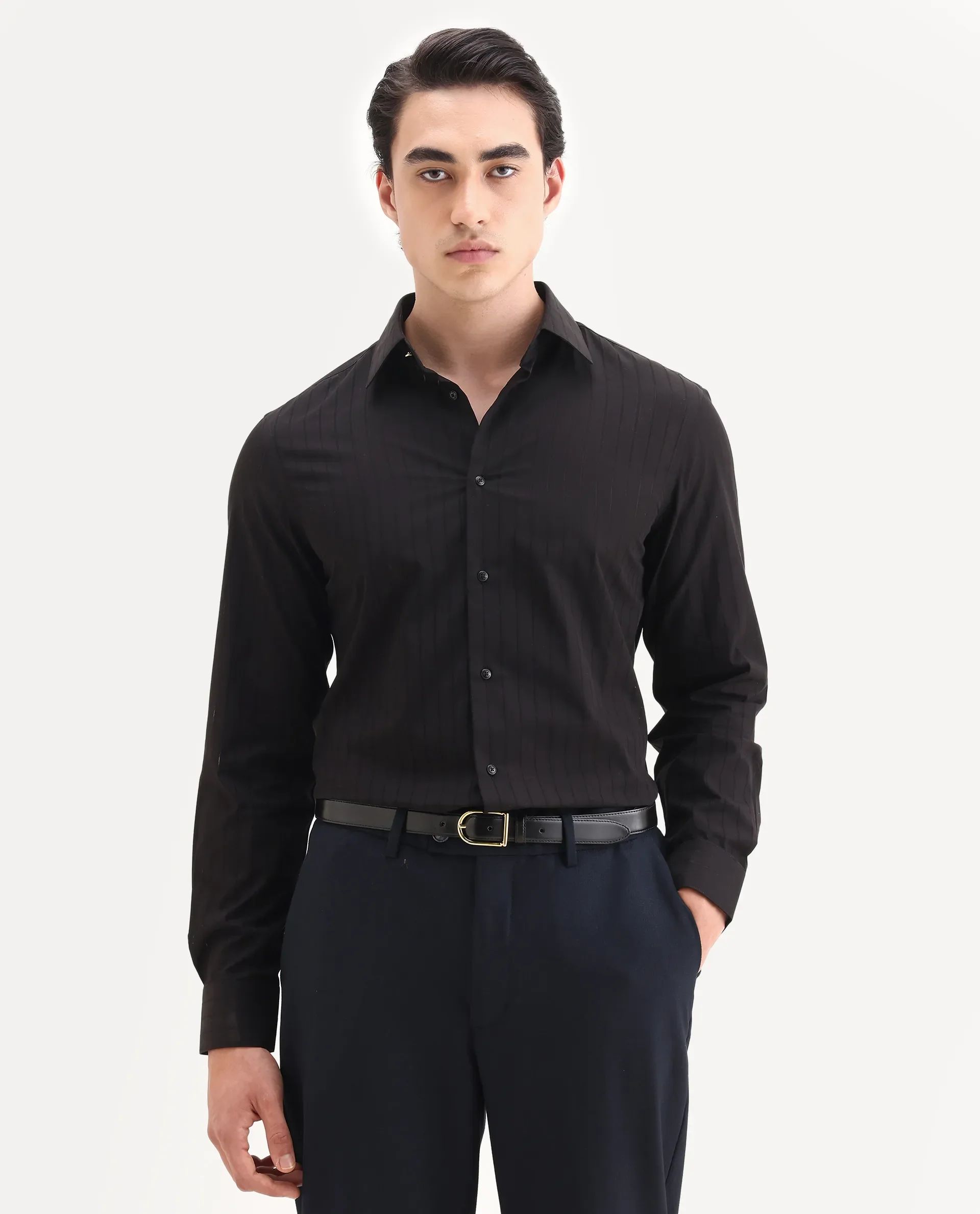 Rare Rabbit Men's Sorn Black Cotton Fabric Spread Collar Regular Fit Striped Shirt - Image 3