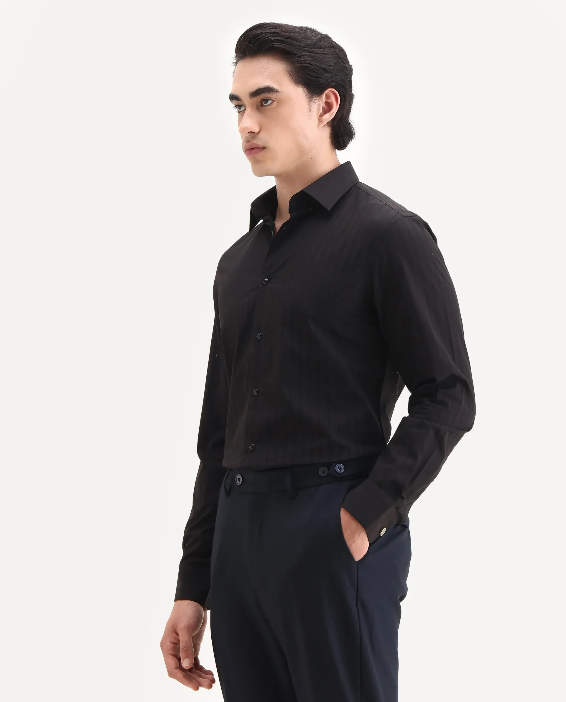 Rare Rabbit Men's Sorn Black Cotton Fabric Spread Collar Regular Fit Striped Shirt - Image 6