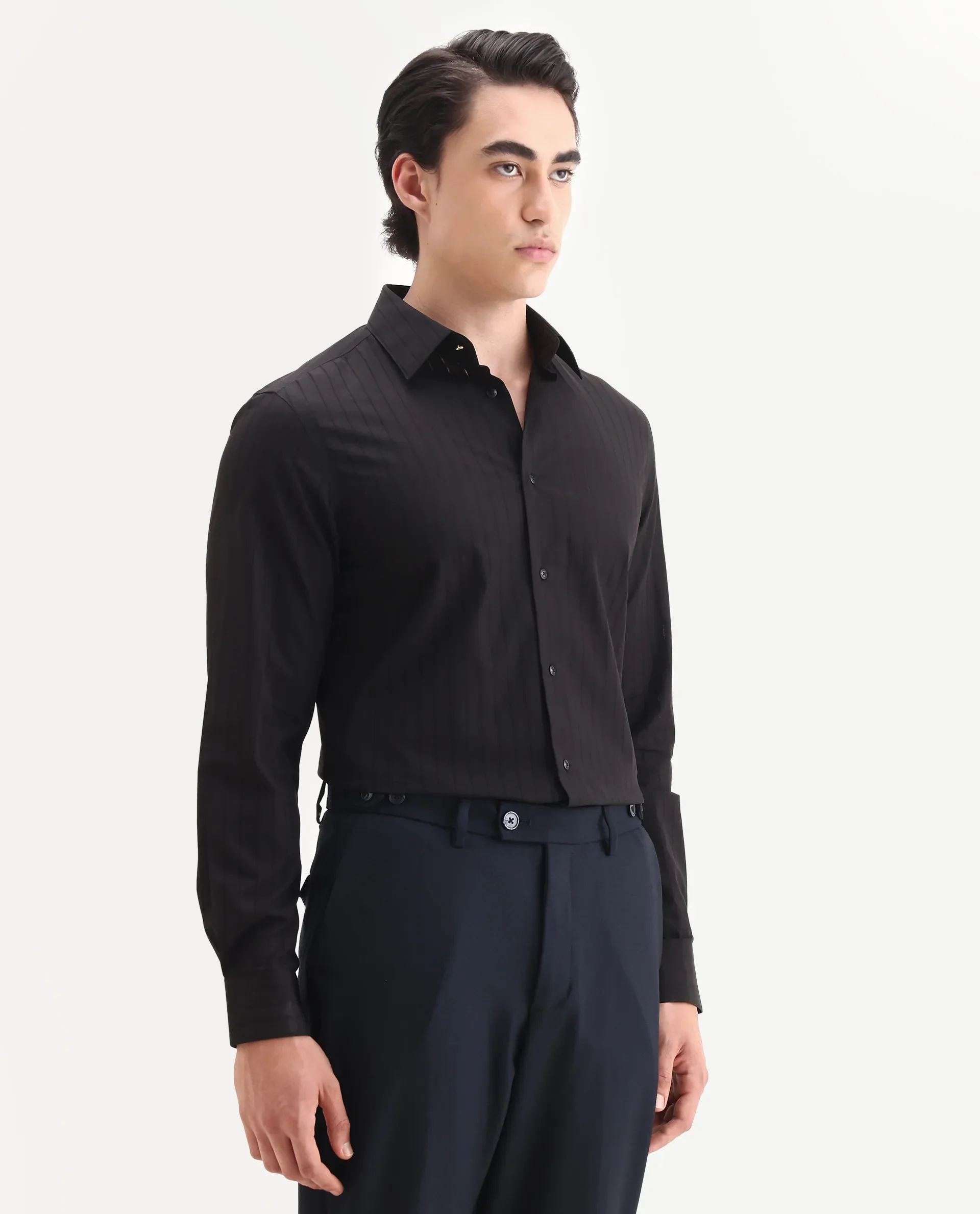 Rare Rabbit Men's Sorn Black Cotton Fabric Spread Collar Regular Fit Striped Shirt - Image 7