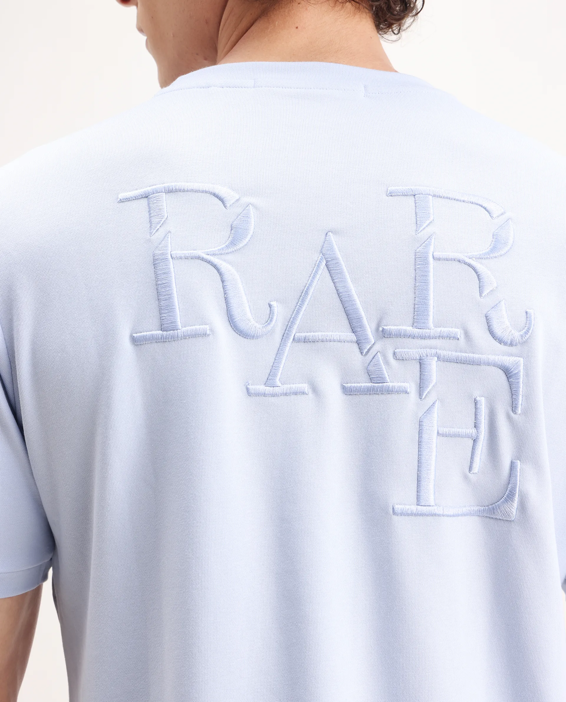 Rare Rabbit Men's Sorp Light Blue Cotton Embroidered Oversized Fit Half Sleeve Crew Neck T-Shirt - Image 3