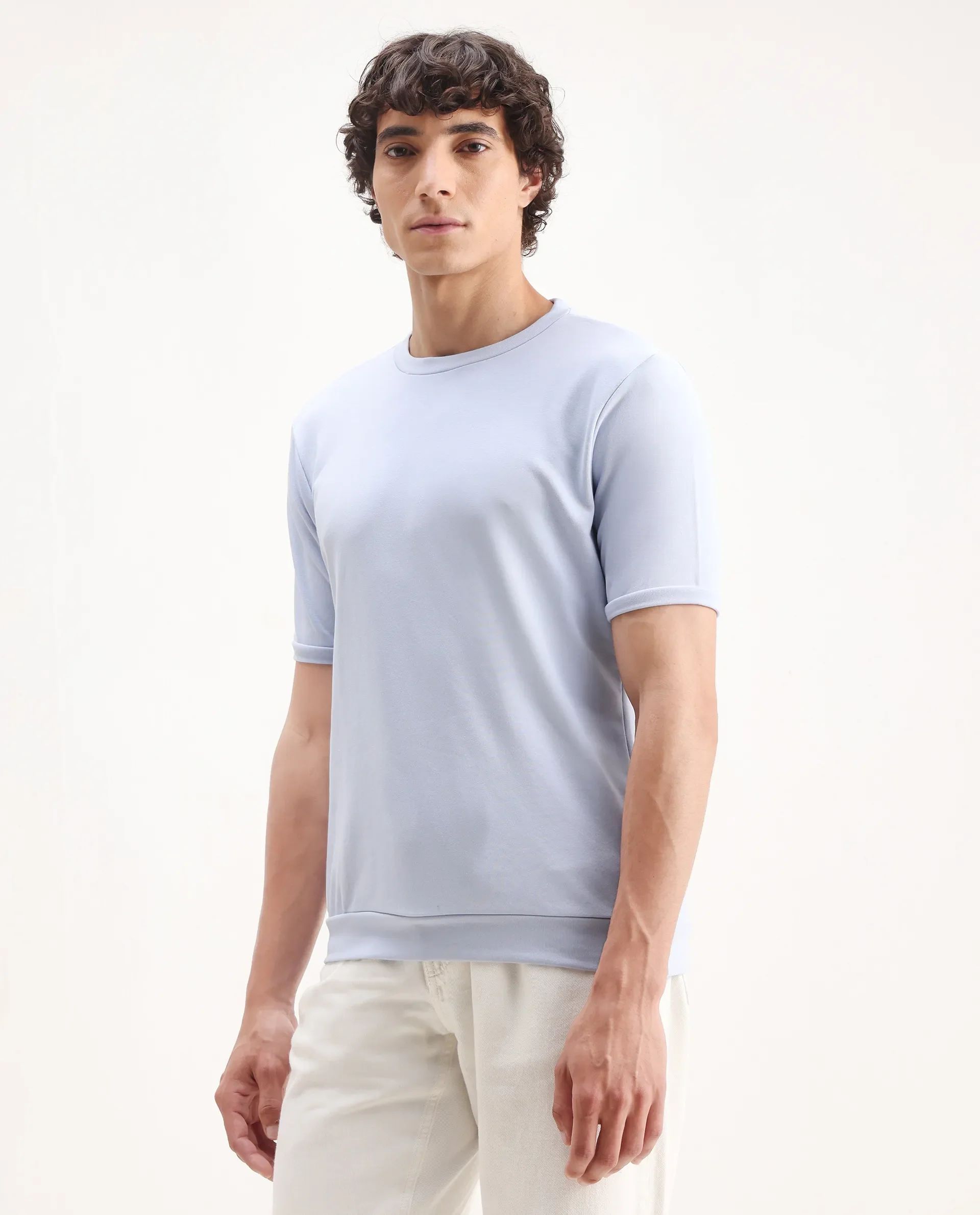 Rare Rabbit Men's Sorp Light Blue Cotton Embroidered Oversized Fit Half Sleeve Crew Neck T-Shirt - Image 4