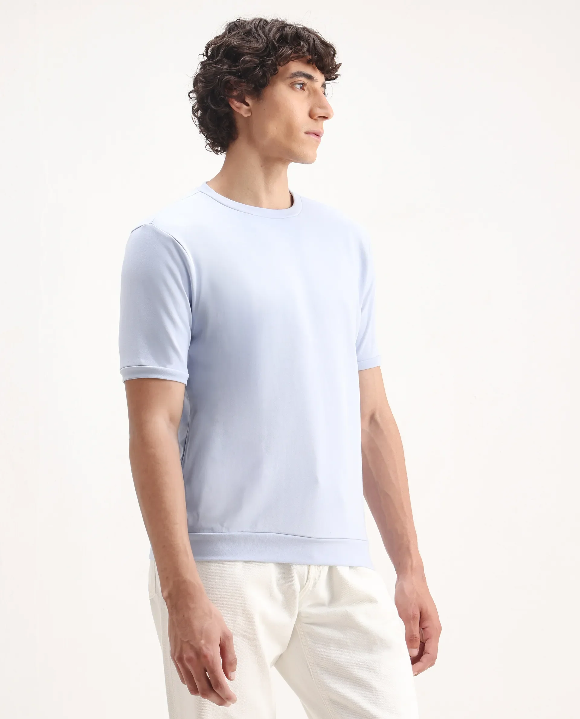 Rare Rabbit Men's Sorp Light Blue Cotton Embroidered Oversized Fit Half Sleeve Crew Neck T-Shirt - Image 5