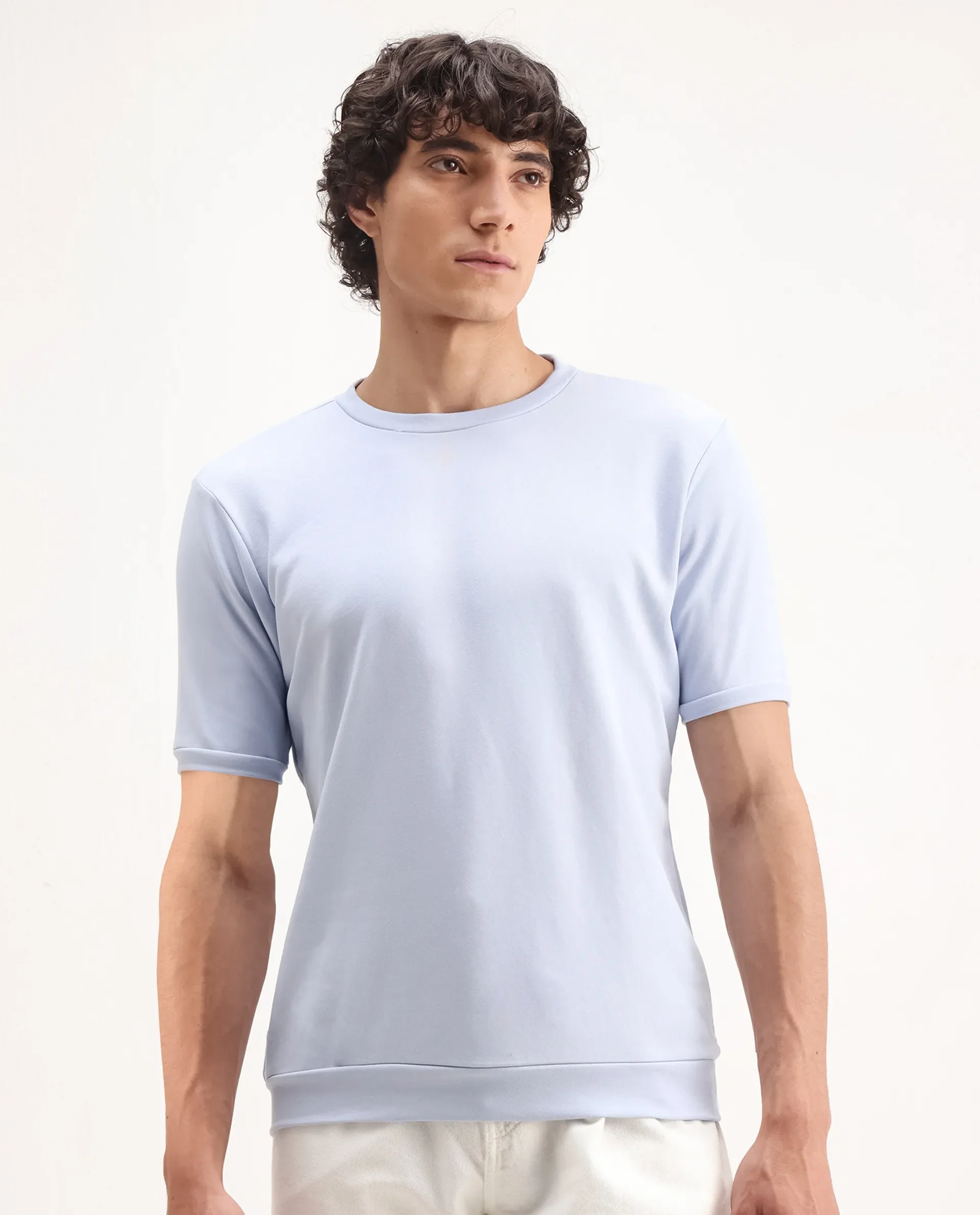 Rare Rabbit Men's Sorp Light Blue Cotton Embroidered Oversized Fit Half Sleeve Crew Neck T-Shirt - Image 6