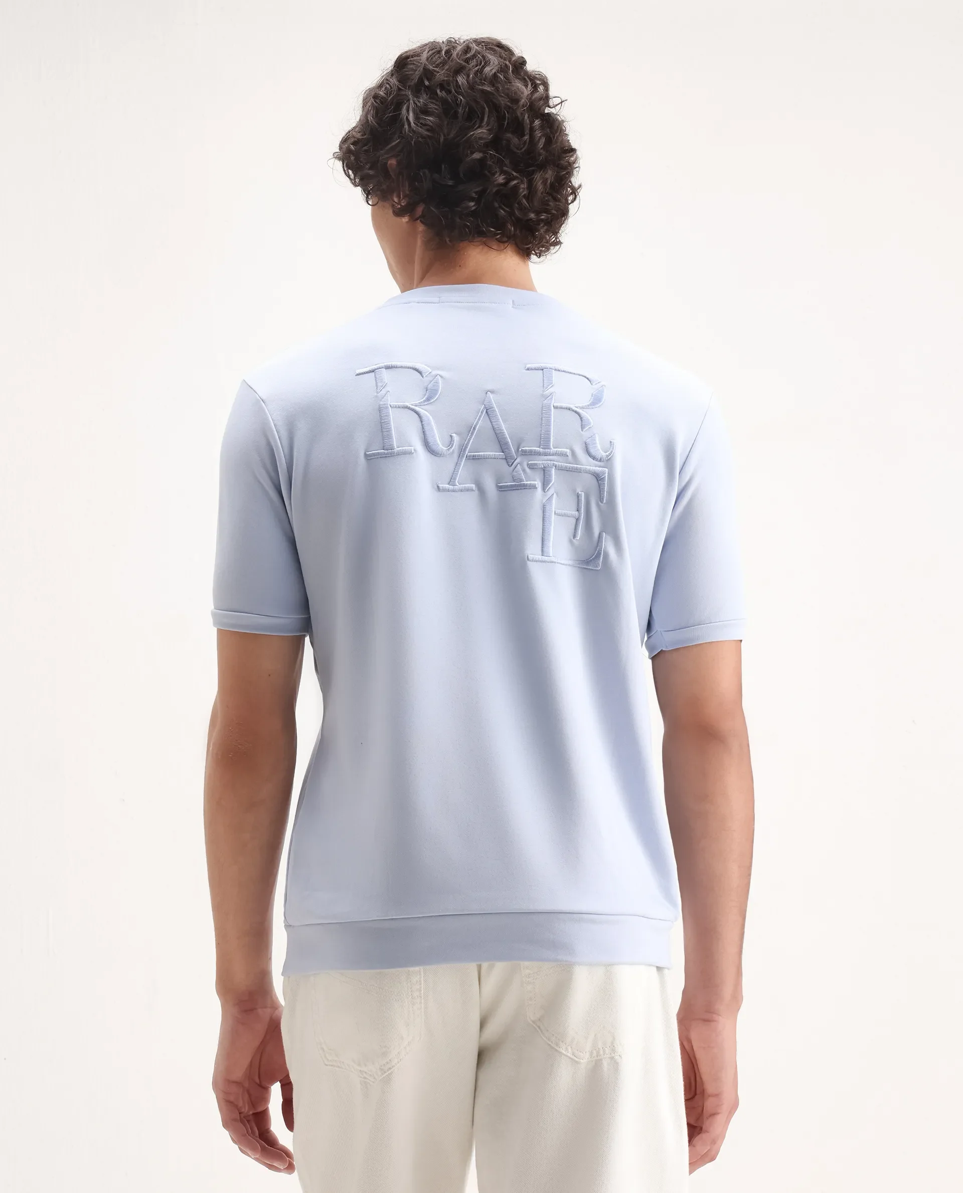 Rare Rabbit Men's Sorp Light Blue Cotton Embroidered Oversized Fit Half Sleeve Crew Neck T-Shirt - Image 7