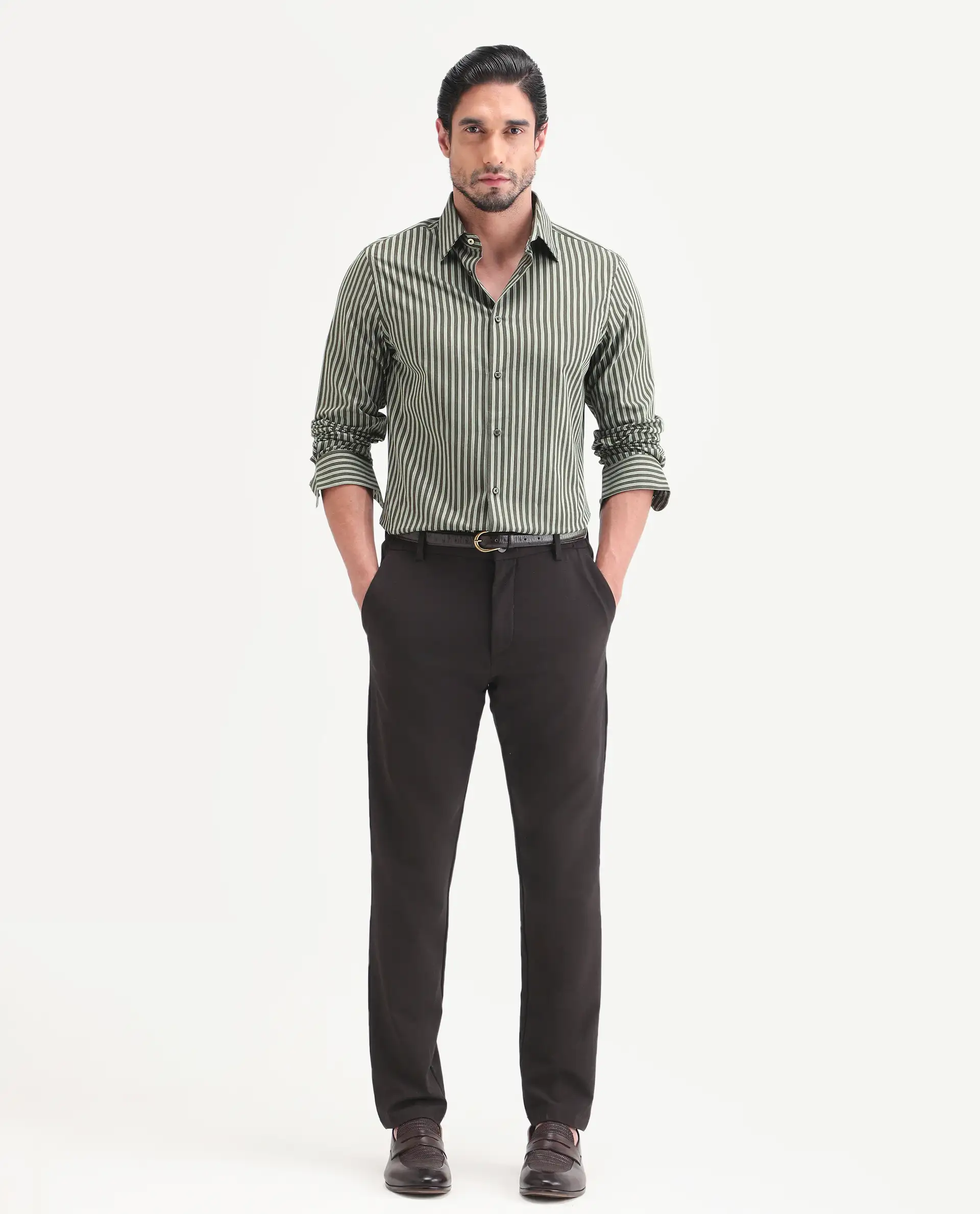 Rare Rabbit Men's Soti Green Cotton Full Sleeve Spread Collar Regular Fit Striped Shirt - Image 2