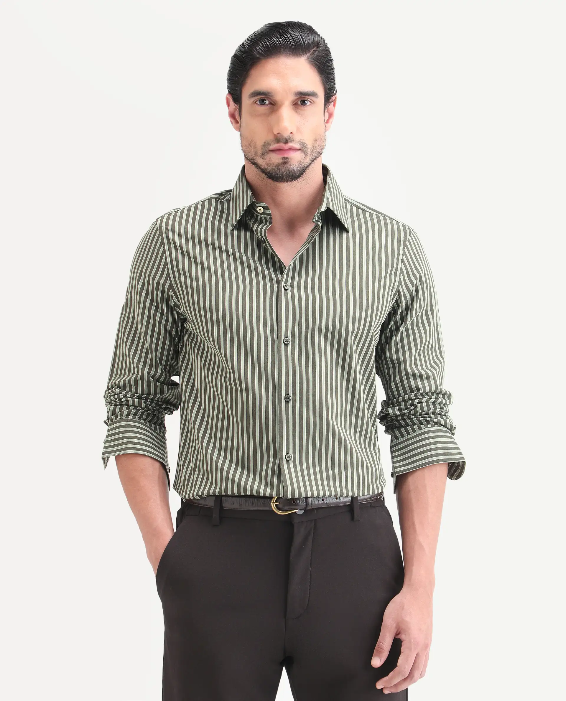 Rare Rabbit Men's Soti Green Cotton Full Sleeve Spread Collar Regular Fit Striped Shirt - Image 4