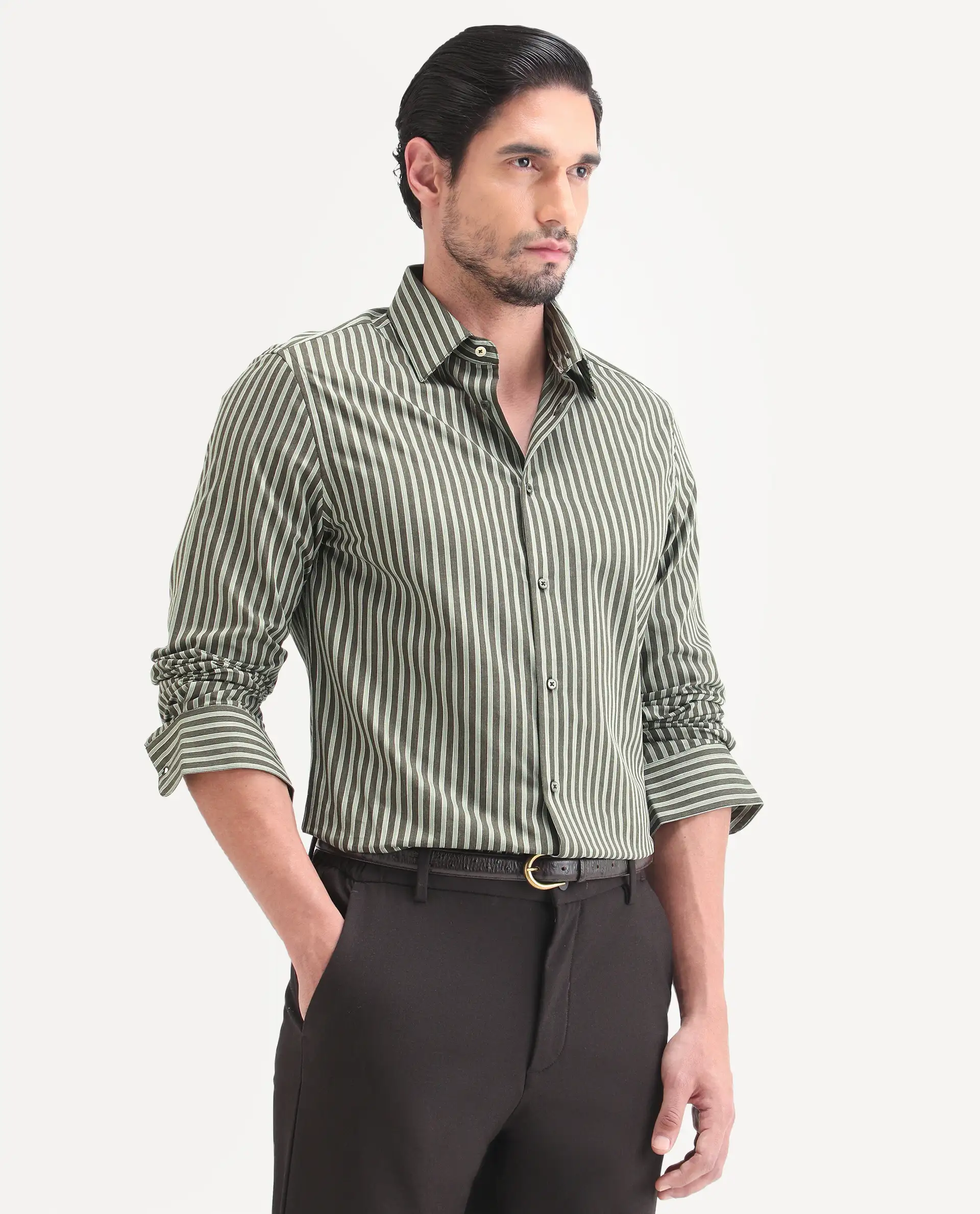 Rare Rabbit Men's Soti Green Cotton Full Sleeve Spread Collar Regular Fit Striped Shirt - Image 5