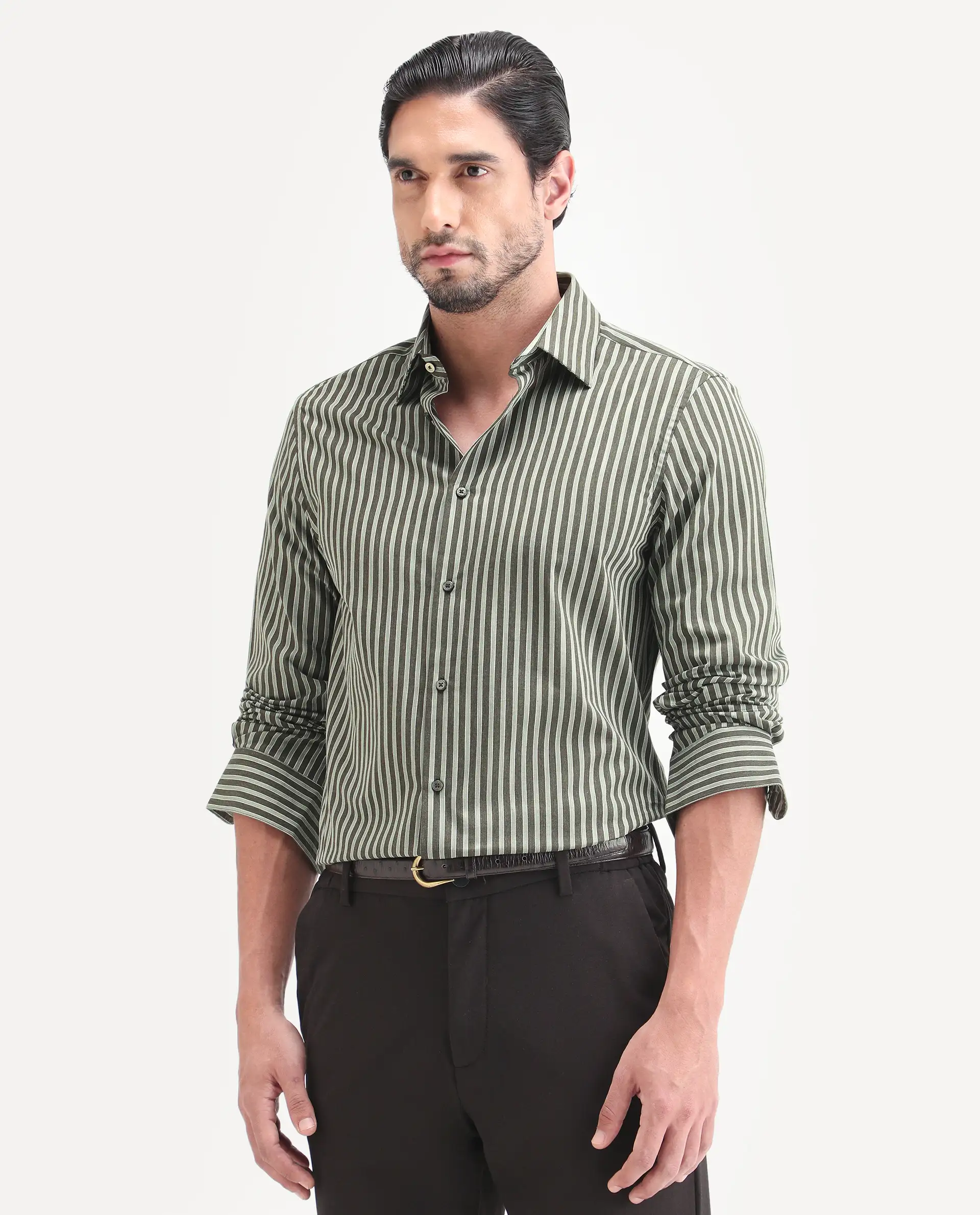 Rare Rabbit Men's Soti Green Cotton Full Sleeve Spread Collar Regular Fit Striped Shirt - Image 6