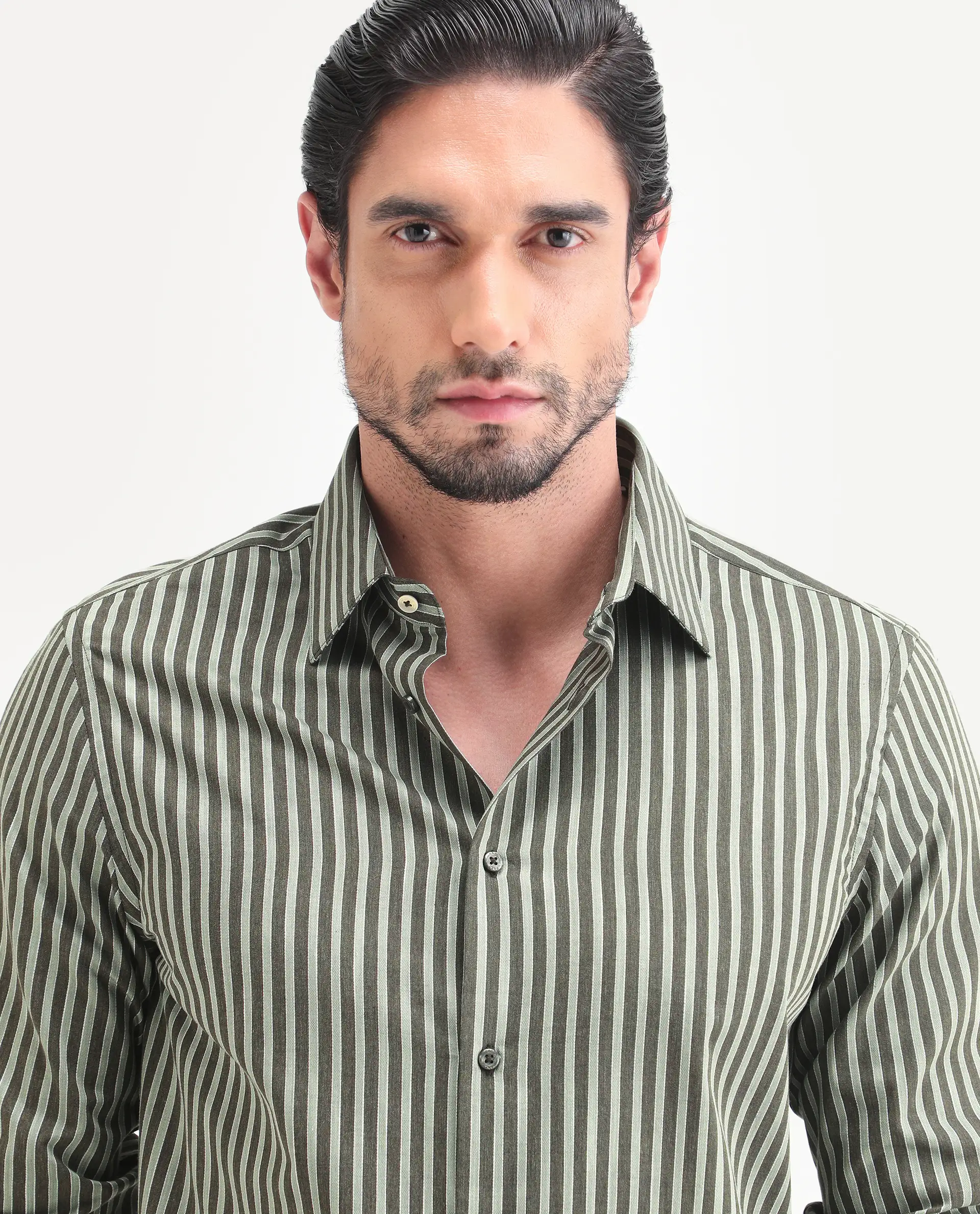 Rare Rabbit Men's Soti Green Cotton Full Sleeve Spread Collar Regular Fit Striped Shirt - Image 7