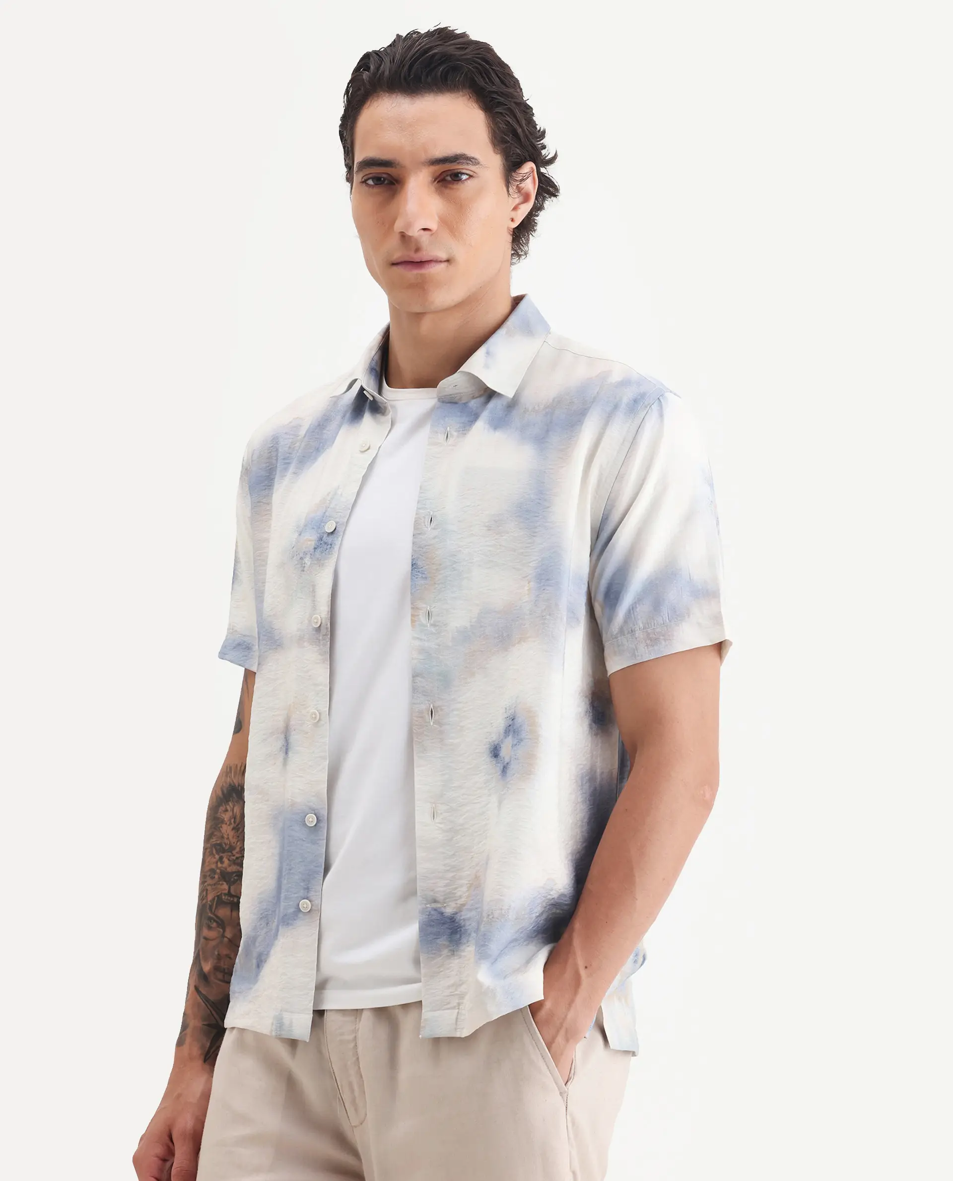 Rare Rabbit Men's Sove Off White Viscose Blend Fabric Collared Neck Regular Fit Printed Shirt - Image 4