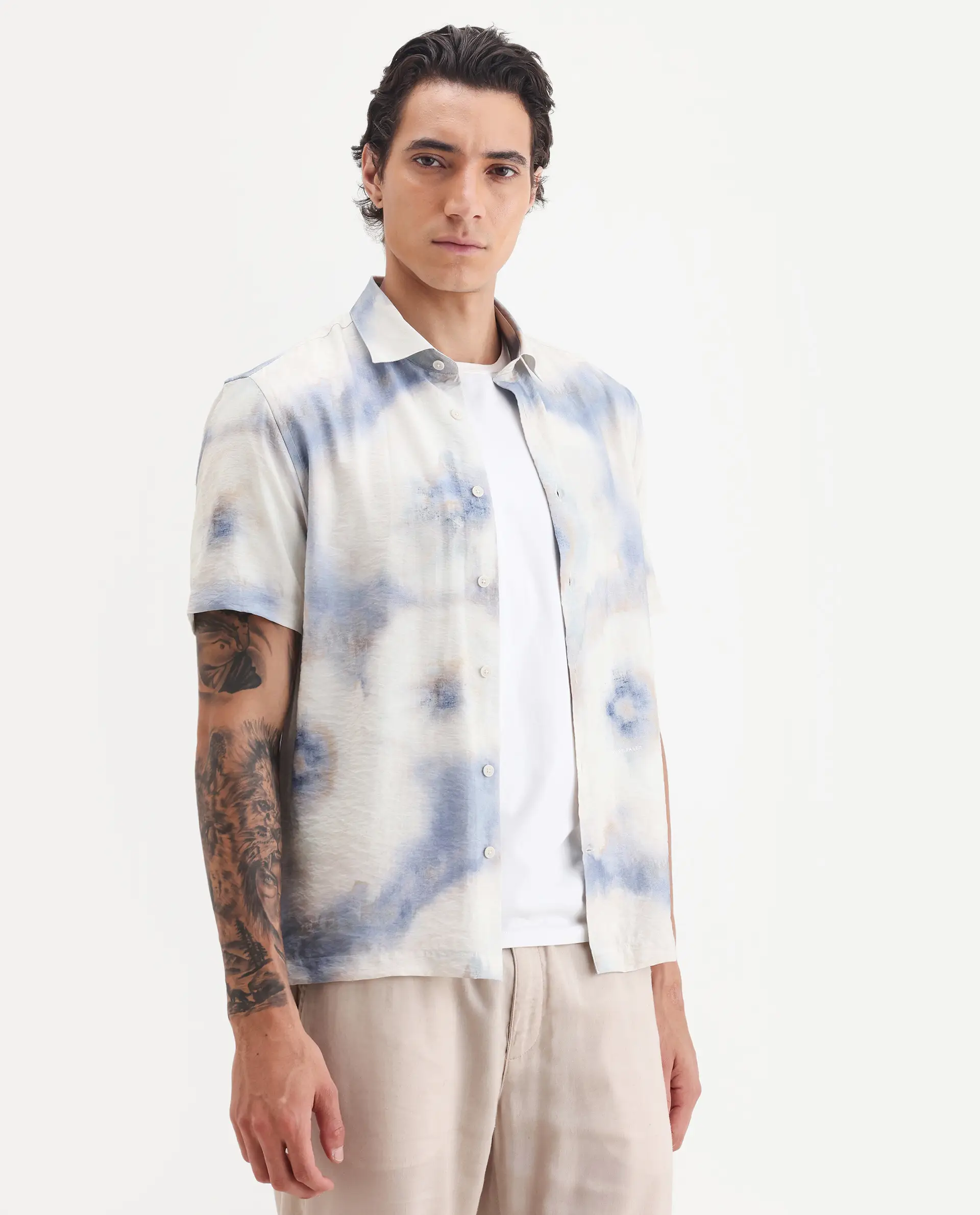 Rare Rabbit Men's Sove Off White Viscose Blend Fabric Collared Neck Regular Fit Printed Shirt - Image 5