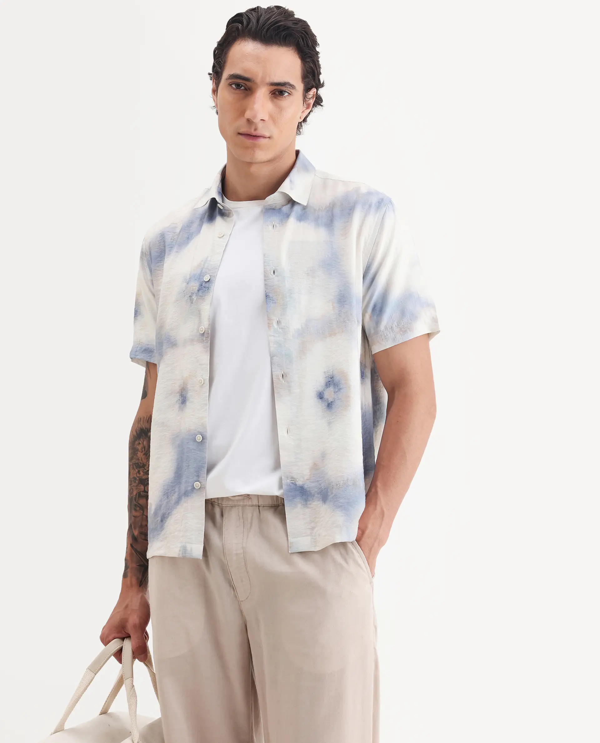 Rare Rabbit Men's Sove Off White Viscose Blend Fabric Collared Neck Regular Fit Printed Shirt - Image 6
